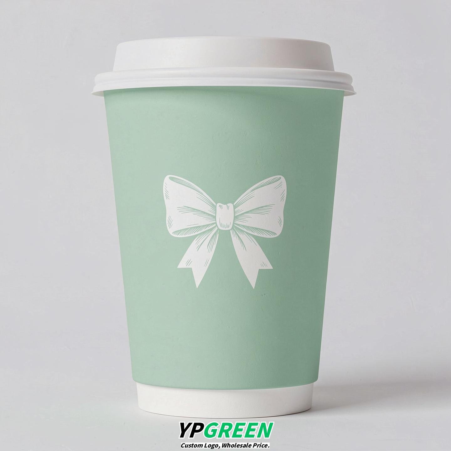 Mint Green Paper Cups with Bow Logo & Lids 8-24oz