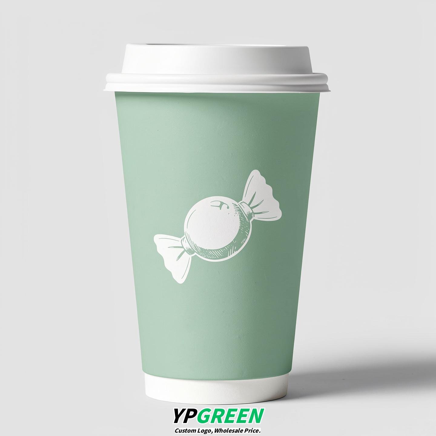 Mint Green Paper Cups with Candy Logo & Lids 8-24oz