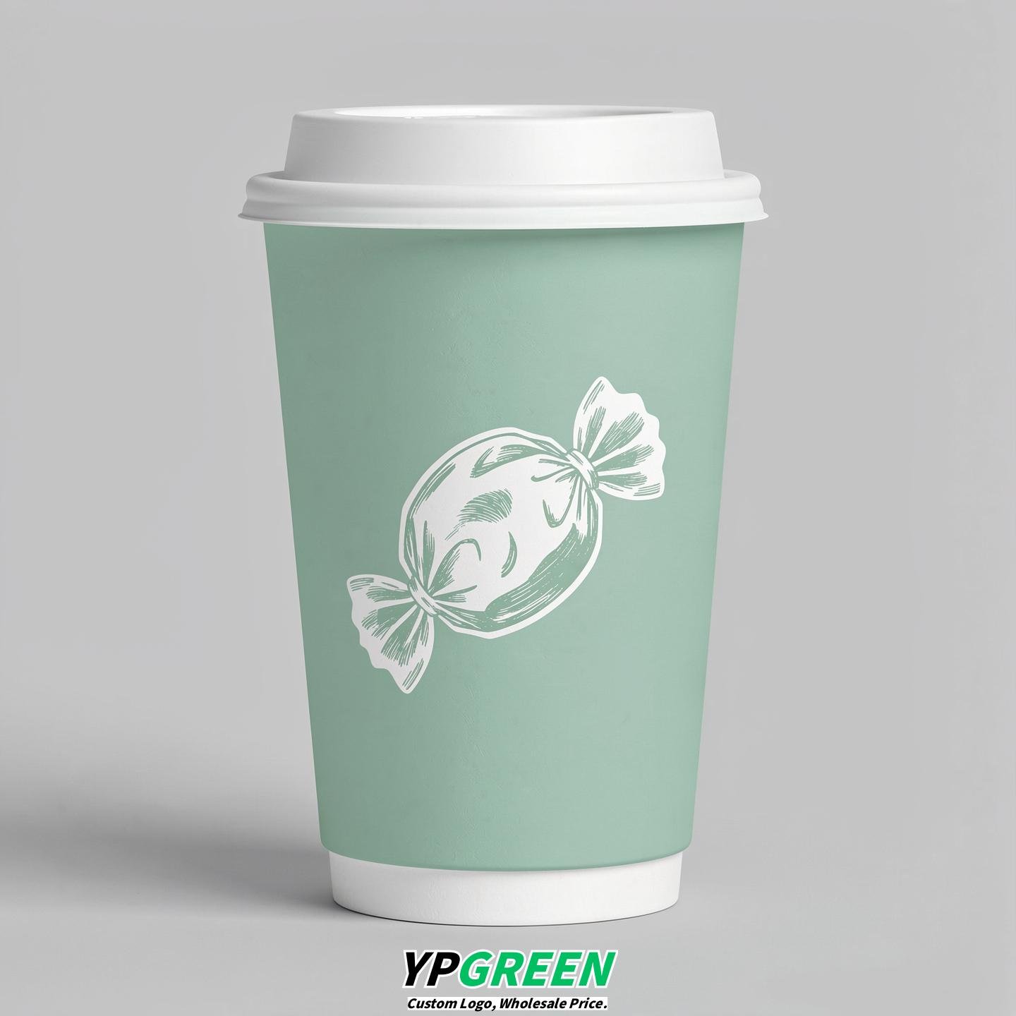 Mint Green Paper Cups with Candy Logo & Lids 8-24oz