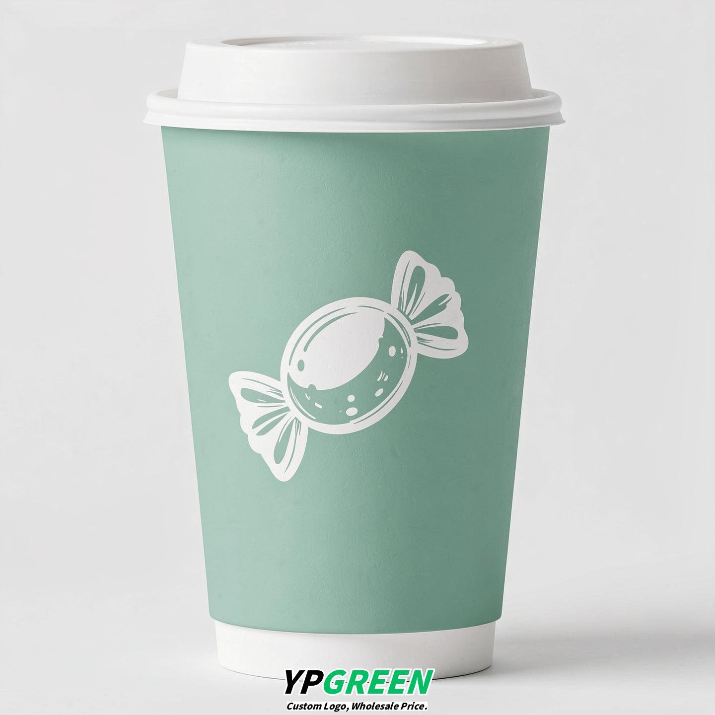 Mint Green Paper Cups with Candy Logo & Lids 8-24oz
