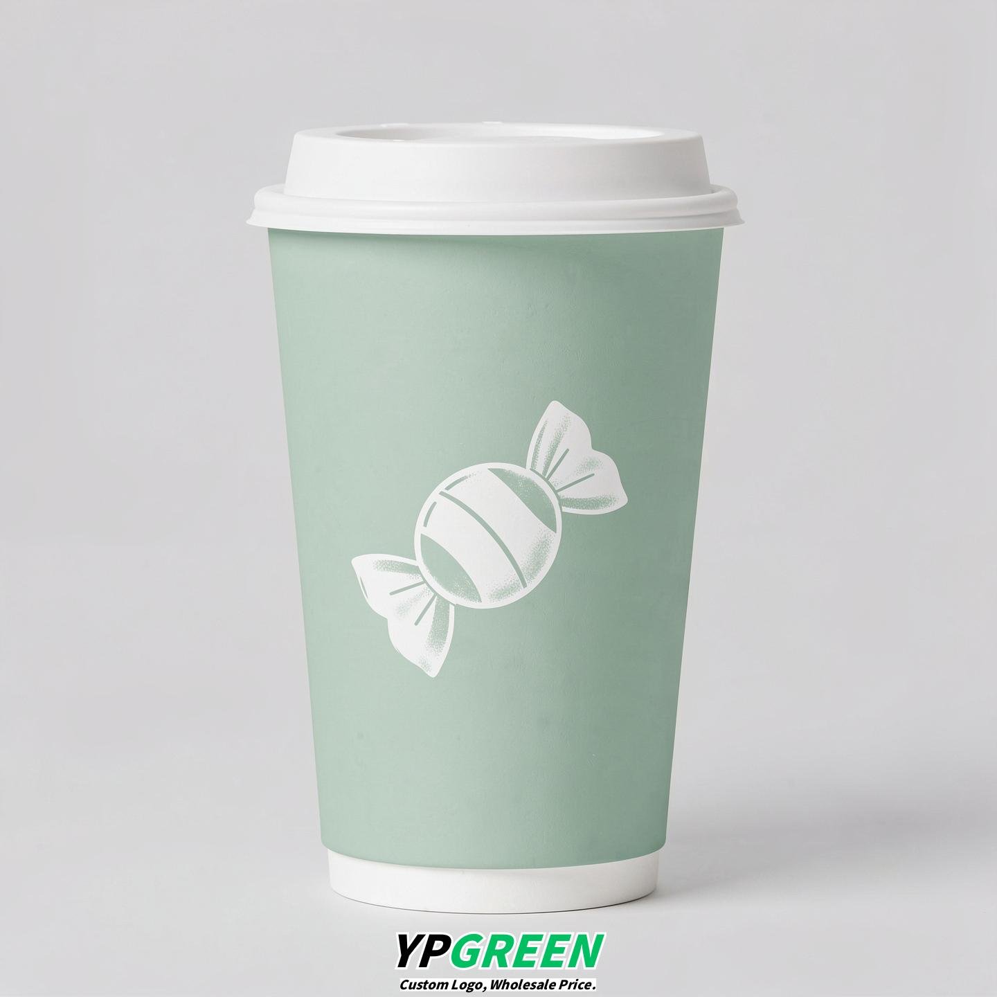 Mint Green Paper Cups with Candy Logo & Lids 8-24oz