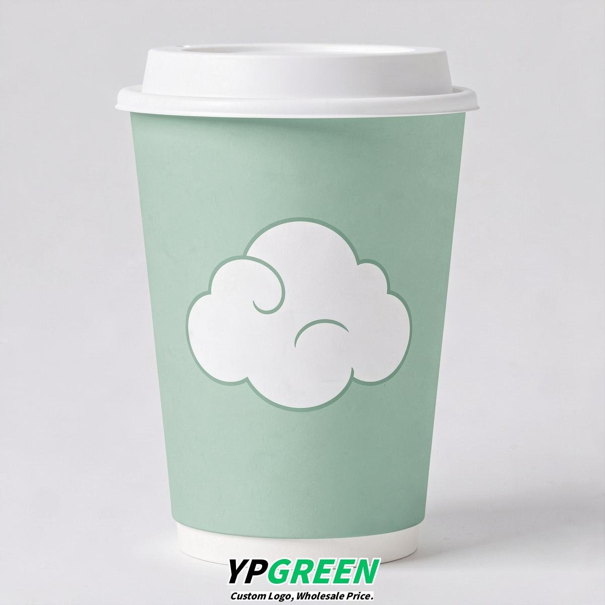 Mint Green Paper Cups with Clouds Logo & Lids 8-24oz