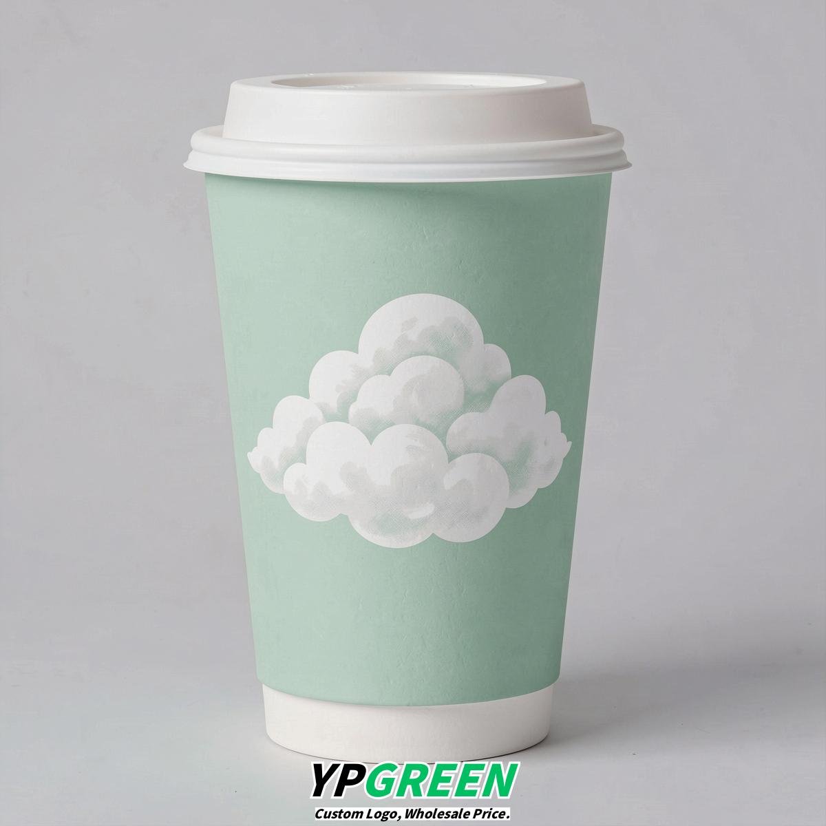 Mint Green Paper Cups with Clouds Logo & Lids 8-24oz