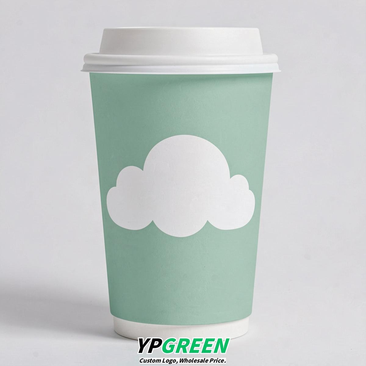 Mint Green Paper Cups with Clouds Logo & Lids 8-24oz
