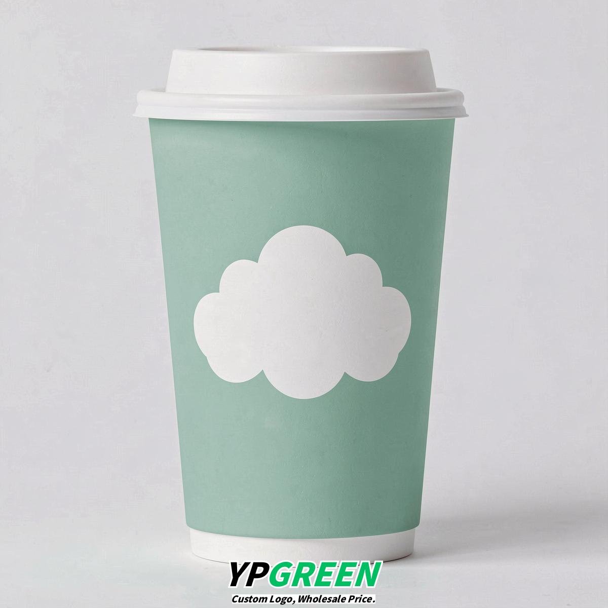 Mint Green Paper Cups with Clouds Logo & Lids 8-24oz
