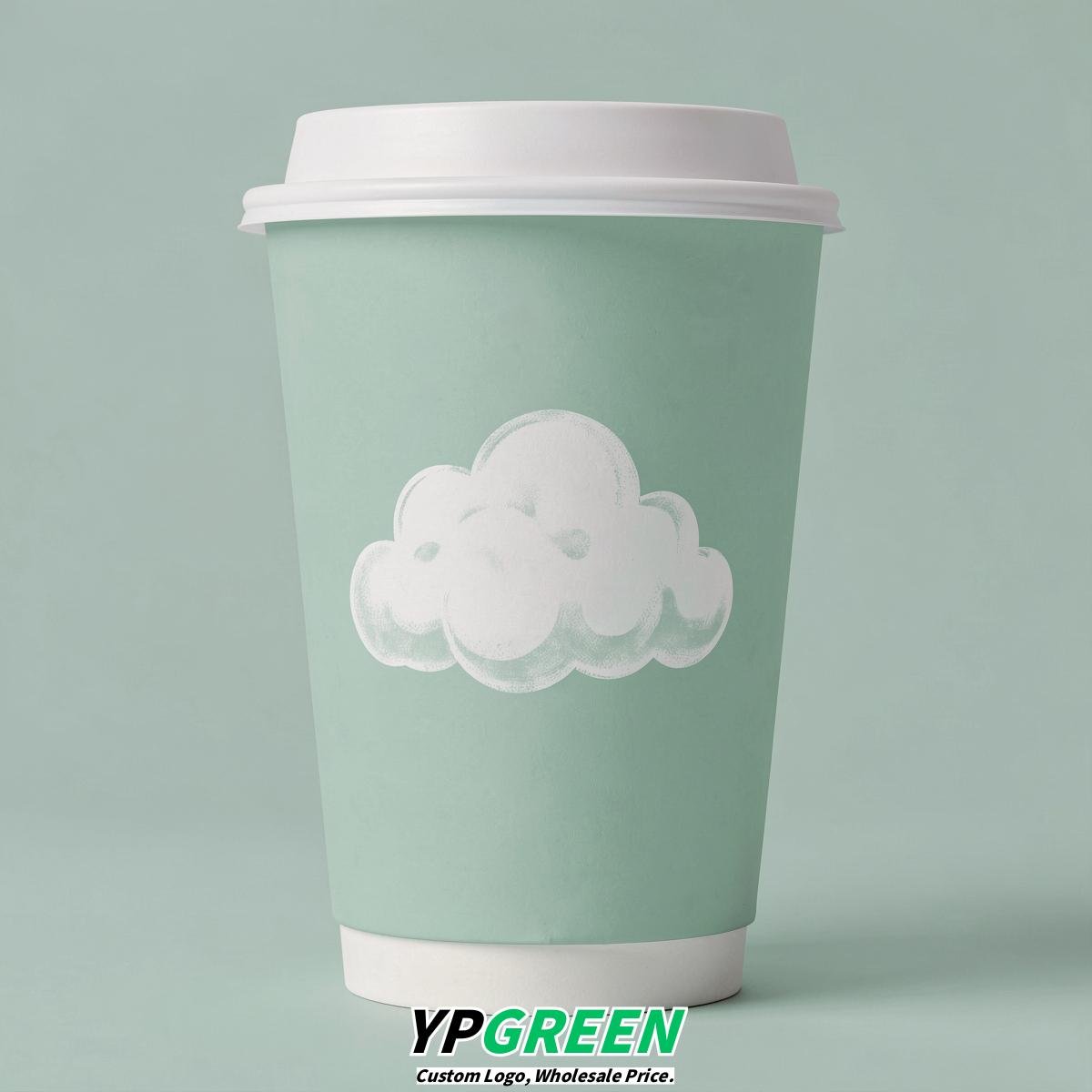Mint Green Paper Cups with Clouds Logo & Lids 8-24oz