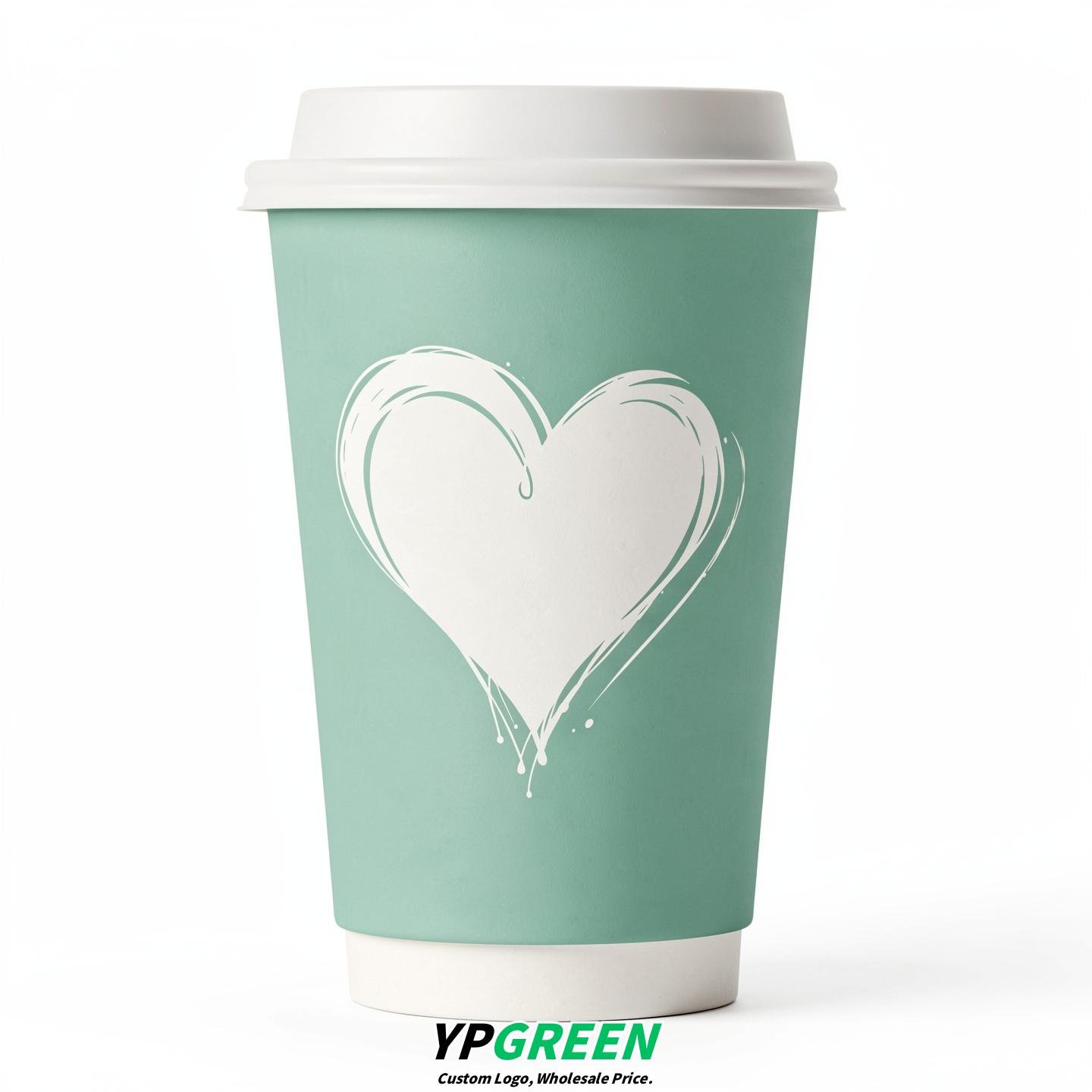 Mint Green Heart Paper Cups with Lids 8-24oz