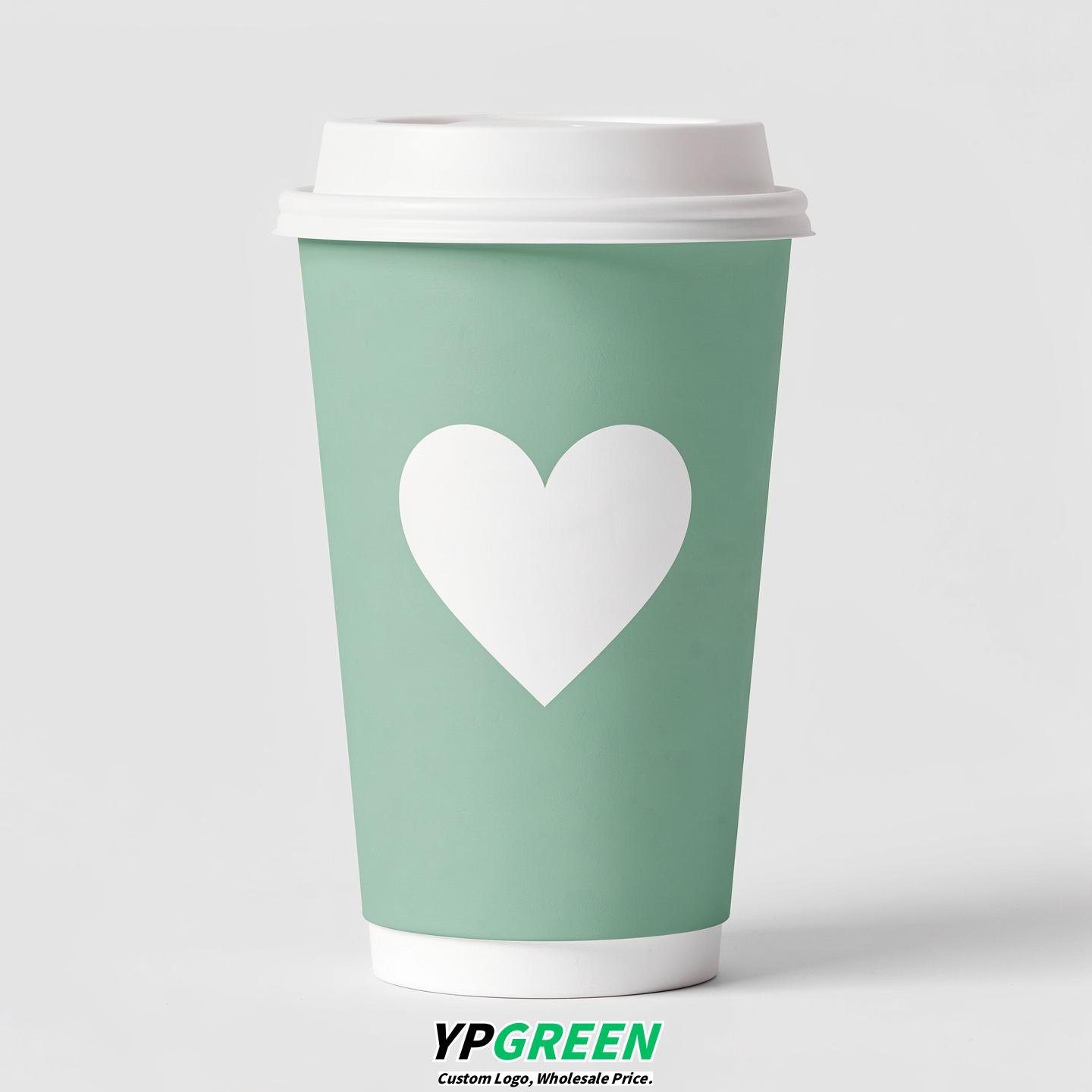 Mint Green Heart Paper Cups with Lids 8-24oz