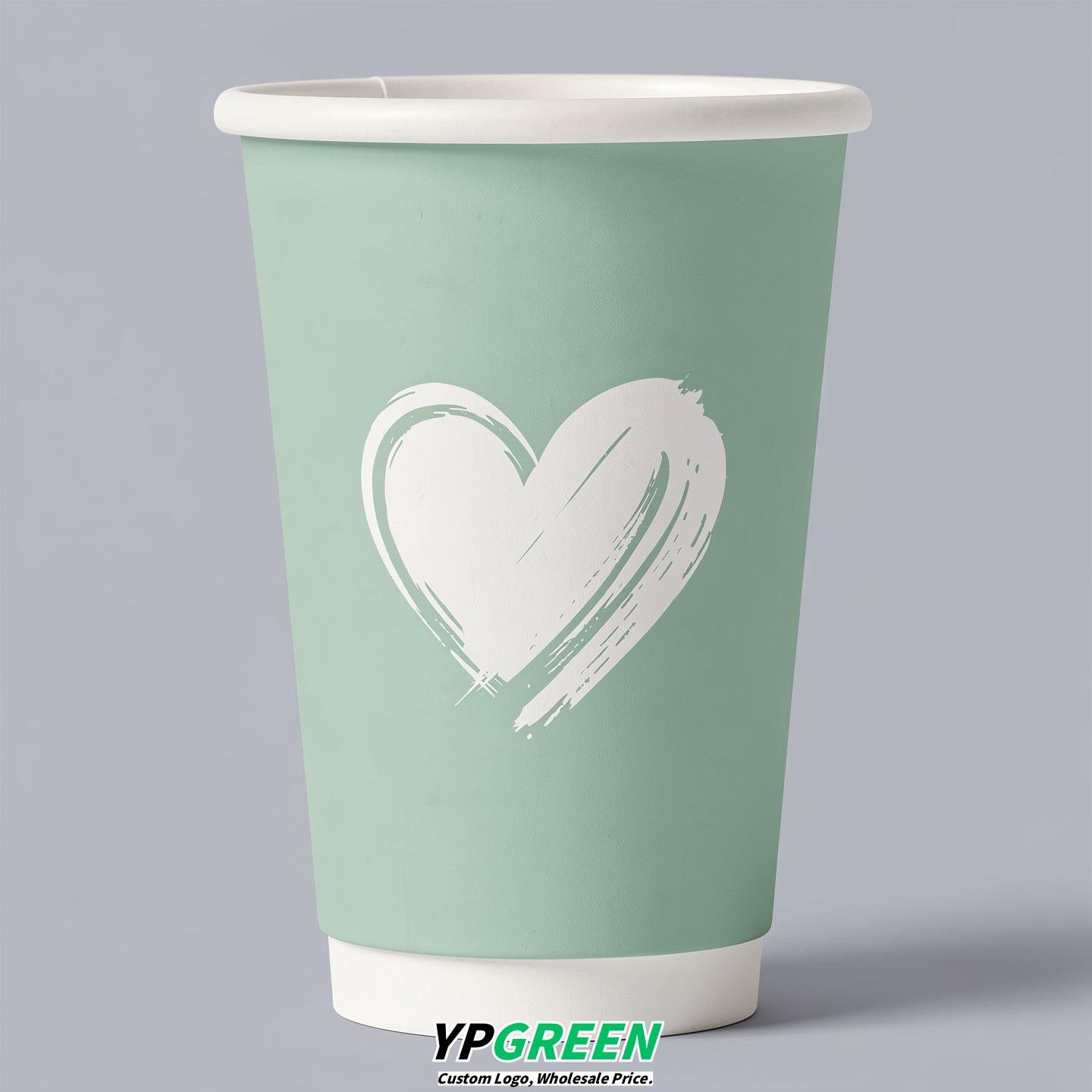 Mint Green Heart Paper Cups with Lids 8-24oz