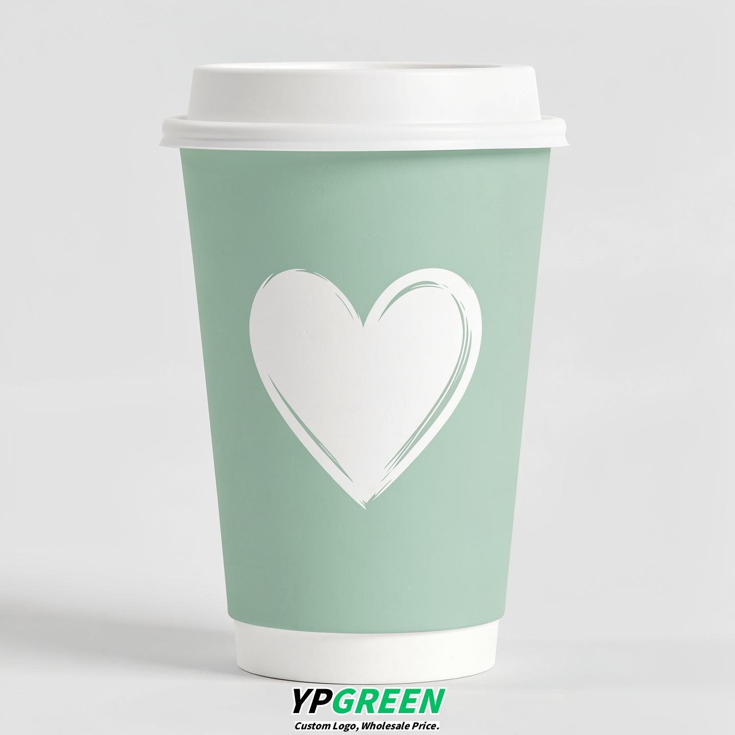 Mint Green Heart Paper Cups with Lids 8-24oz