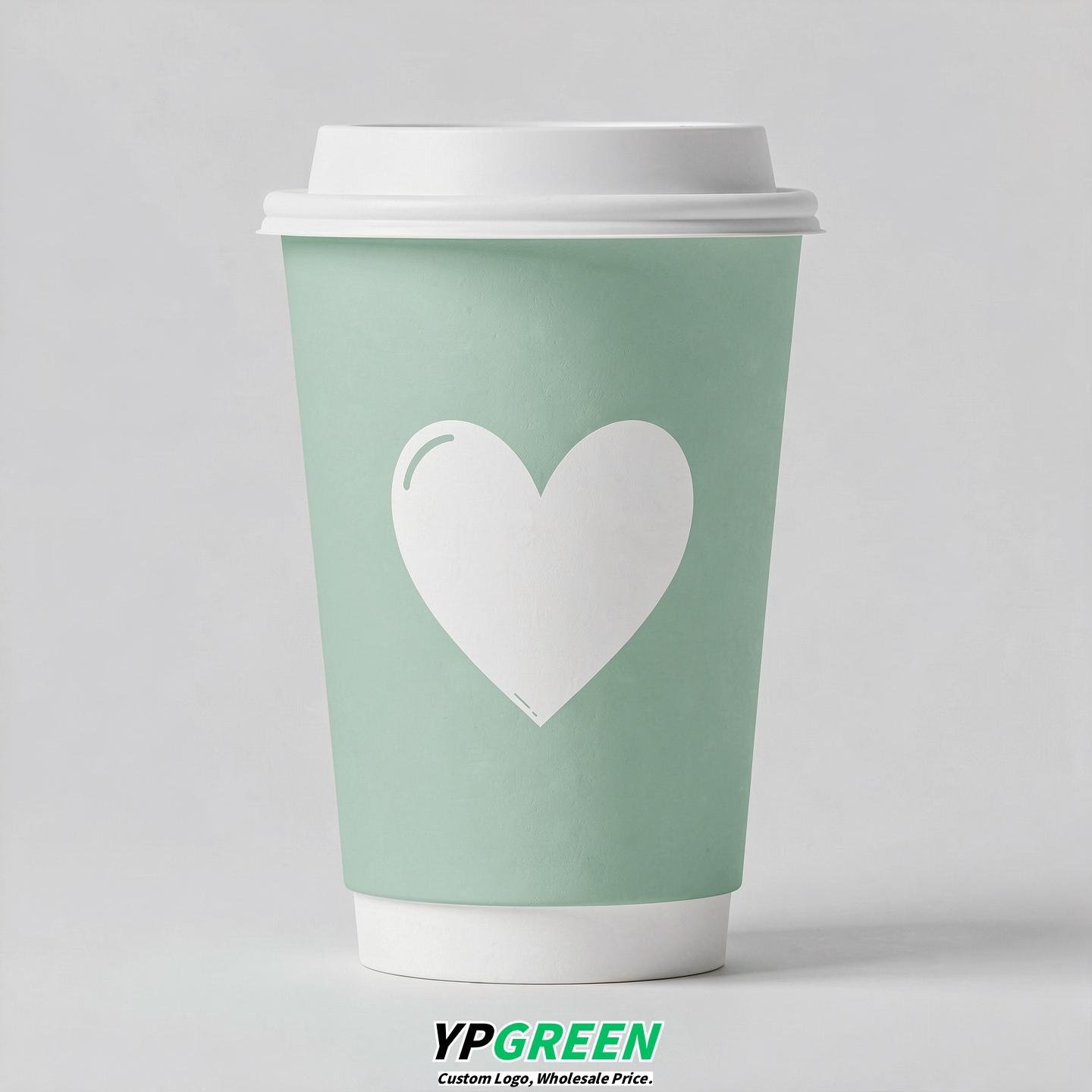 Mint Green Heart Paper Cups with Lids 8-24oz