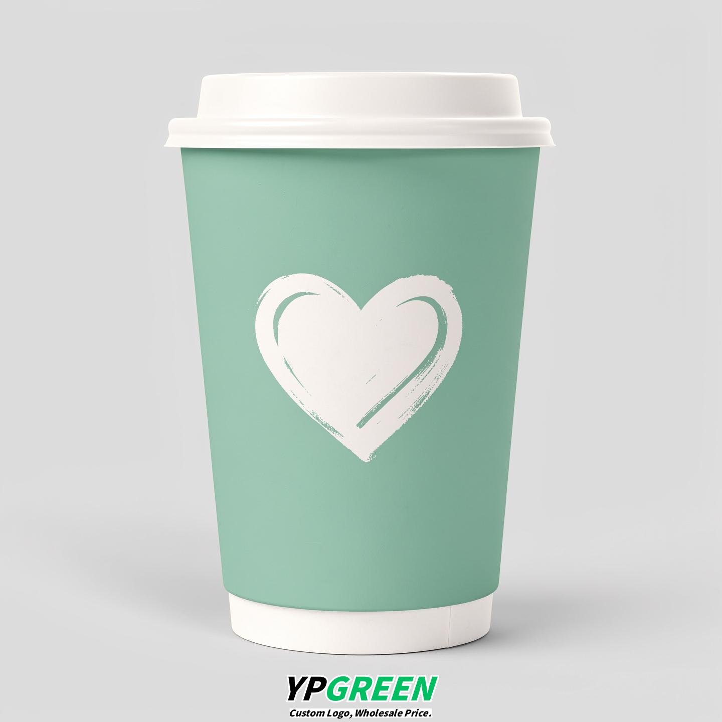Mint Green Heart Paper Cups with Lids 8-24oz