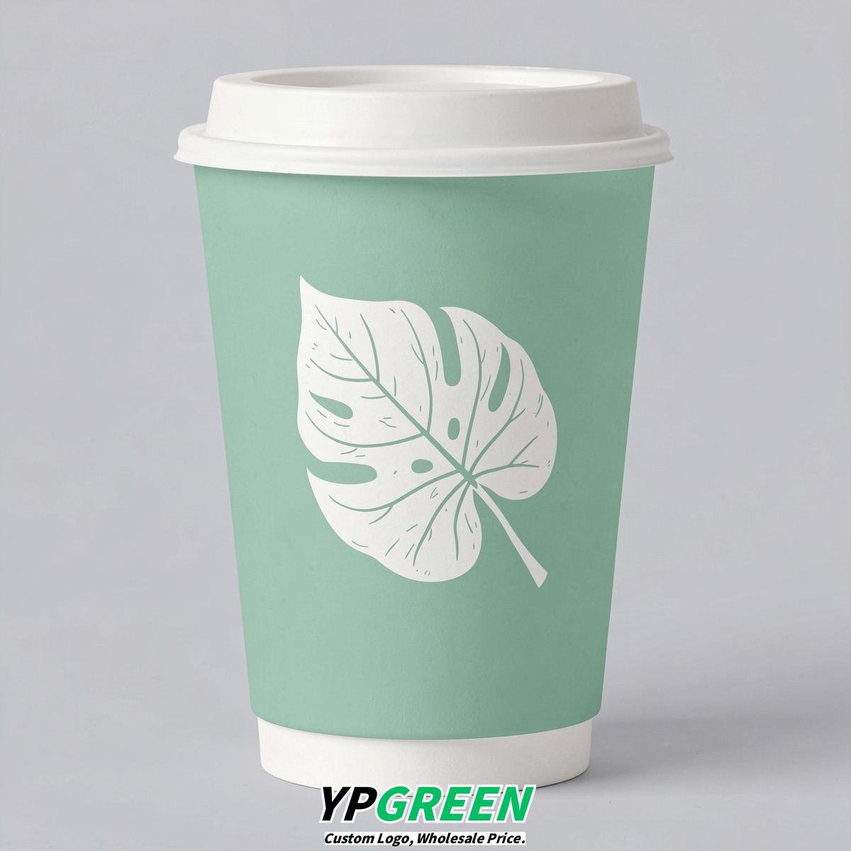 Mint Green Leaves Paper Cups with Lids 8-24oz