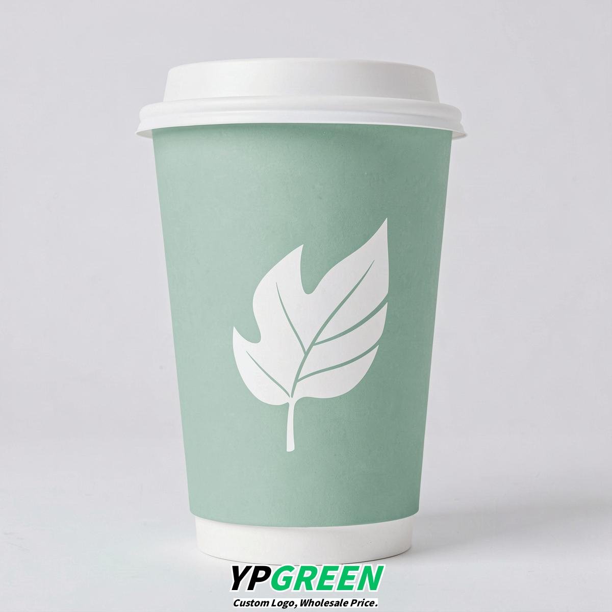Mint Green Leaves Paper Cups with Lids 8-24oz