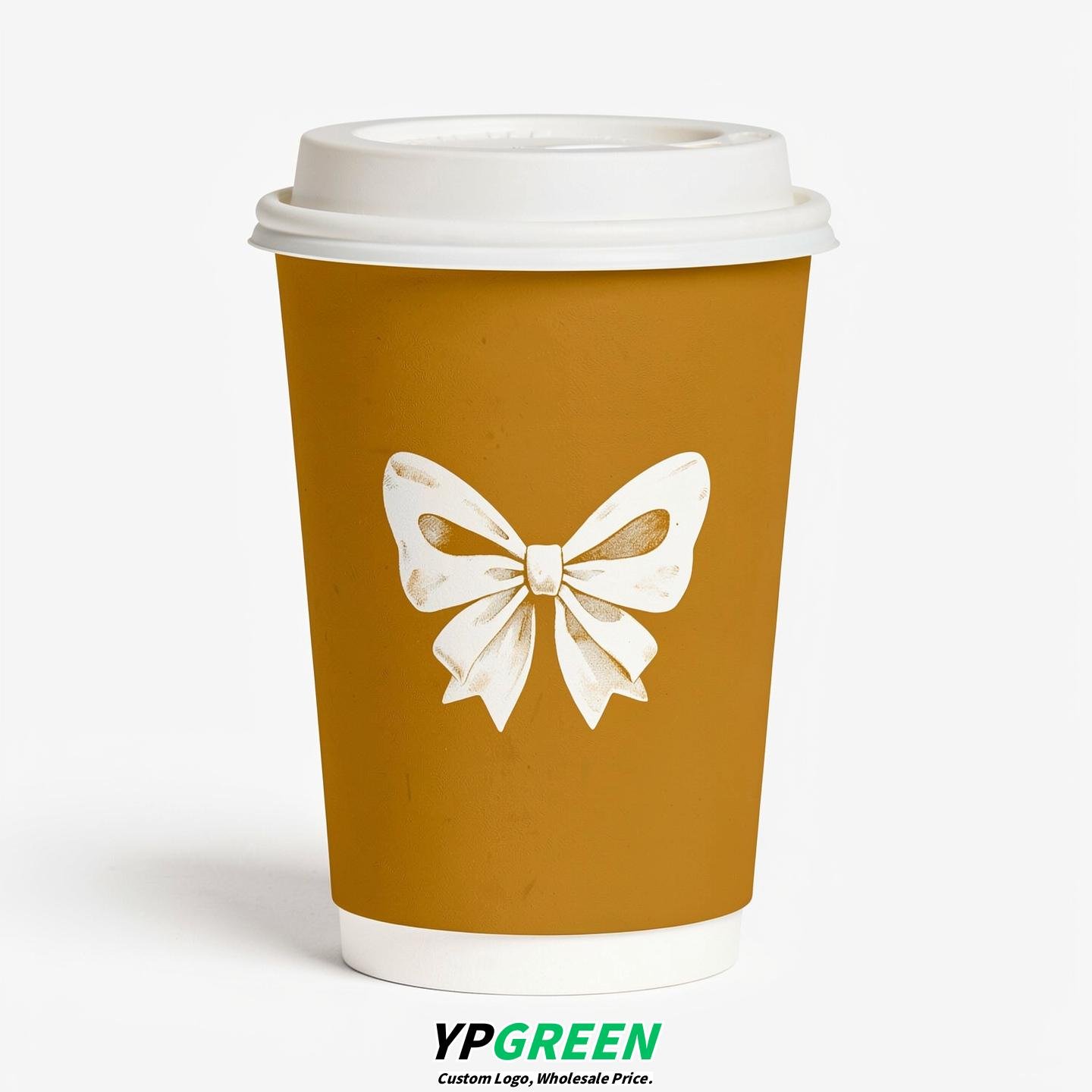 Mustard Paper Cups with Bow Logo & Lids 8-24oz