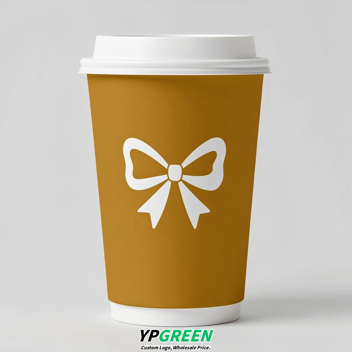 Mustard Paper Cups with Bow Logo & Lids 8-24oz