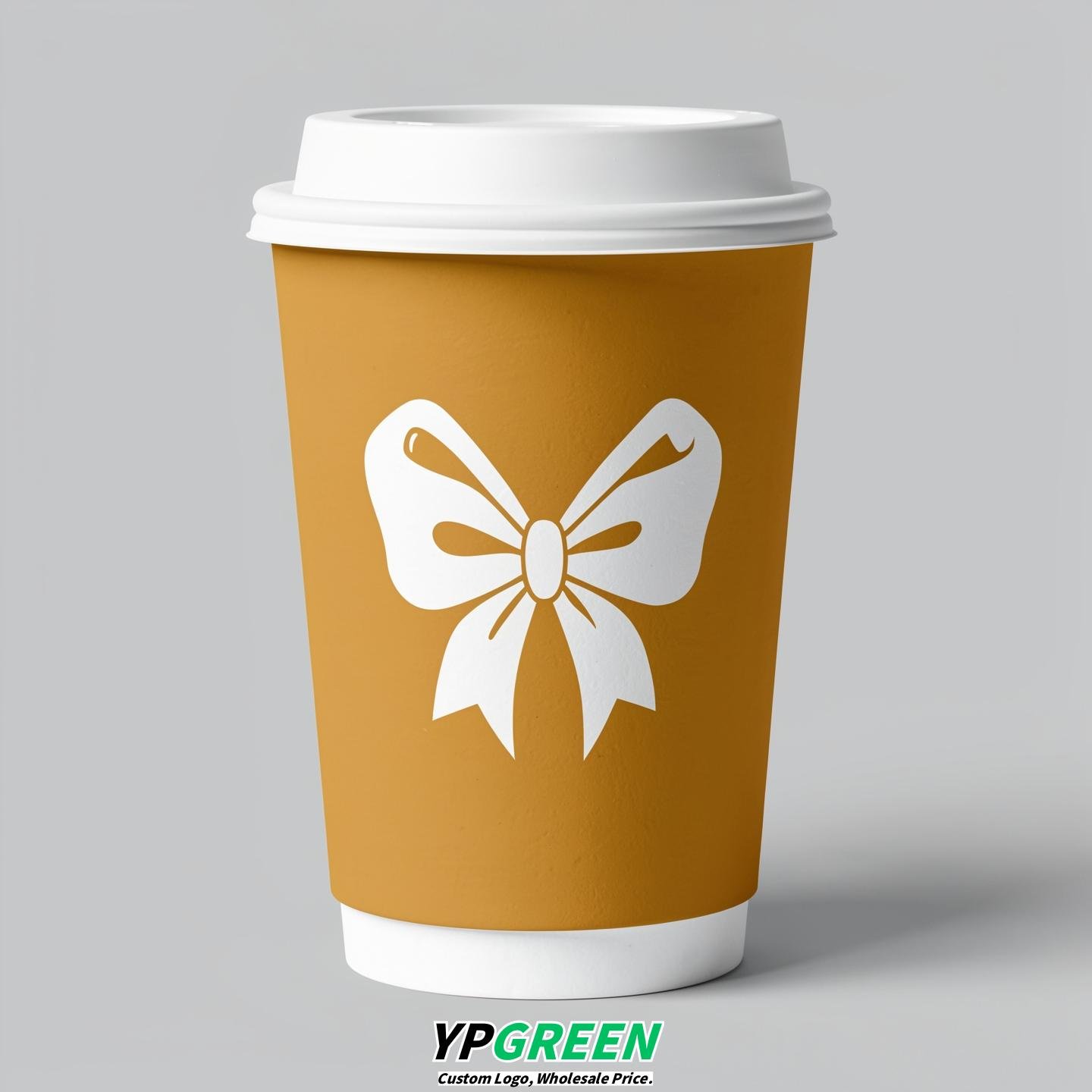 Mustard Paper Cups with Bow Logo & Lids 8-24oz