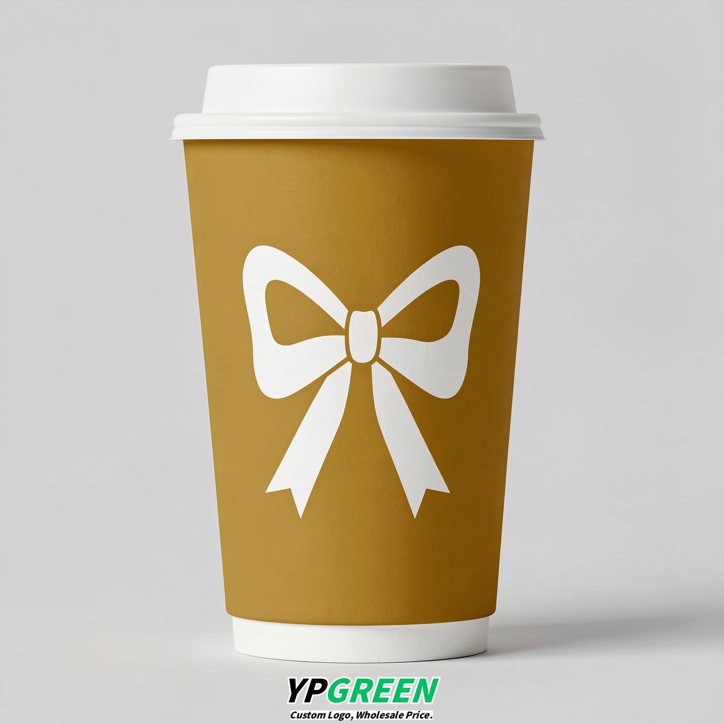 Mustard Paper Cups with Bow Logo & Lids 8-24oz