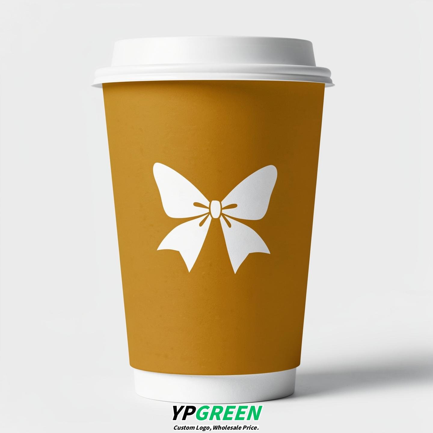 Mustard Paper Cups with Bow Logo & Lids 8-24oz