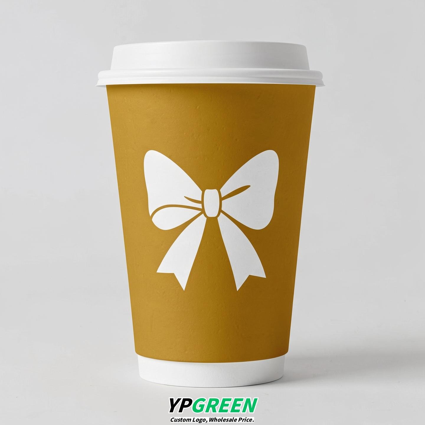 Mustard Paper Cups with Bow Logo & Lids 8-24oz