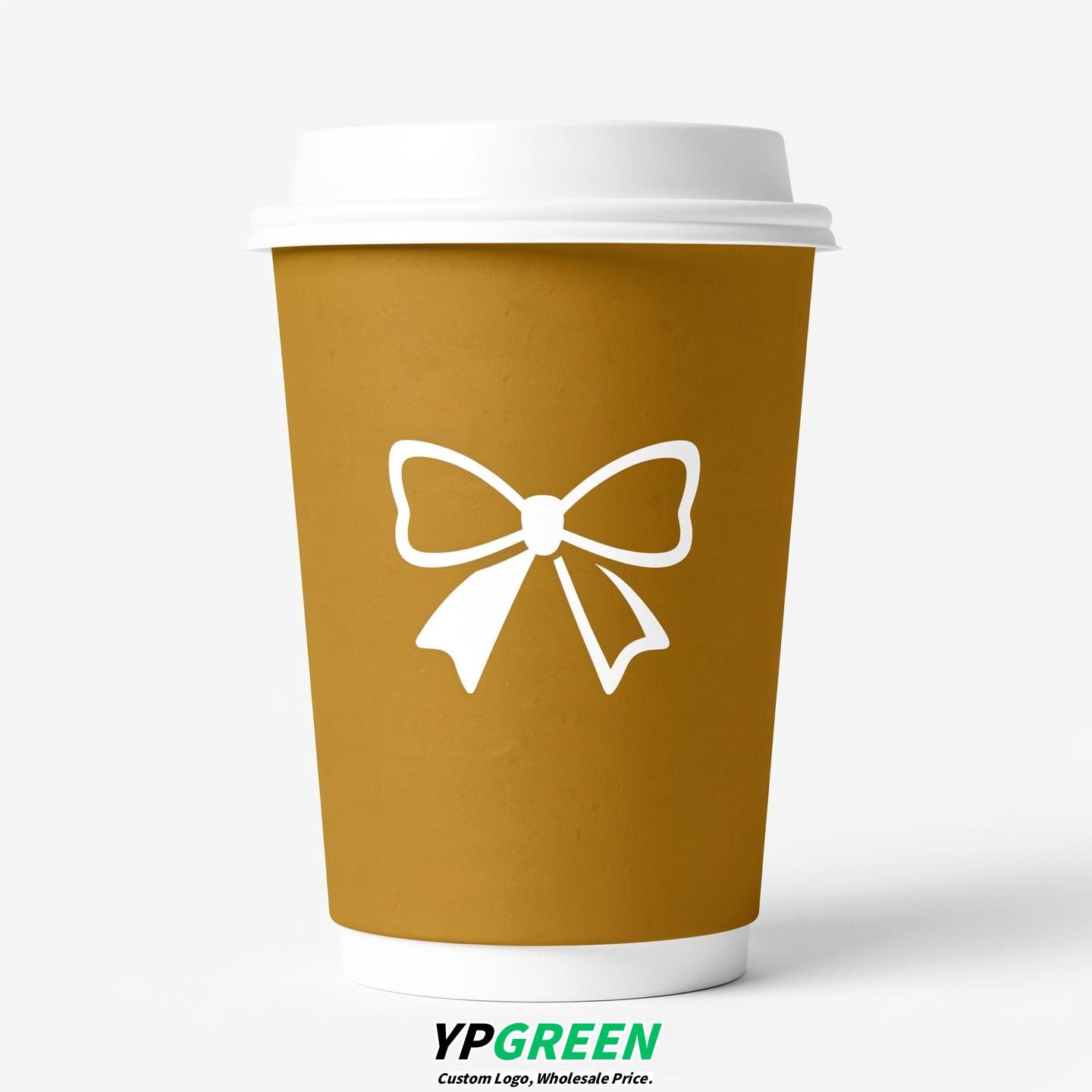 Mustard Paper Cups with Bow Logo & Lids 8-24oz