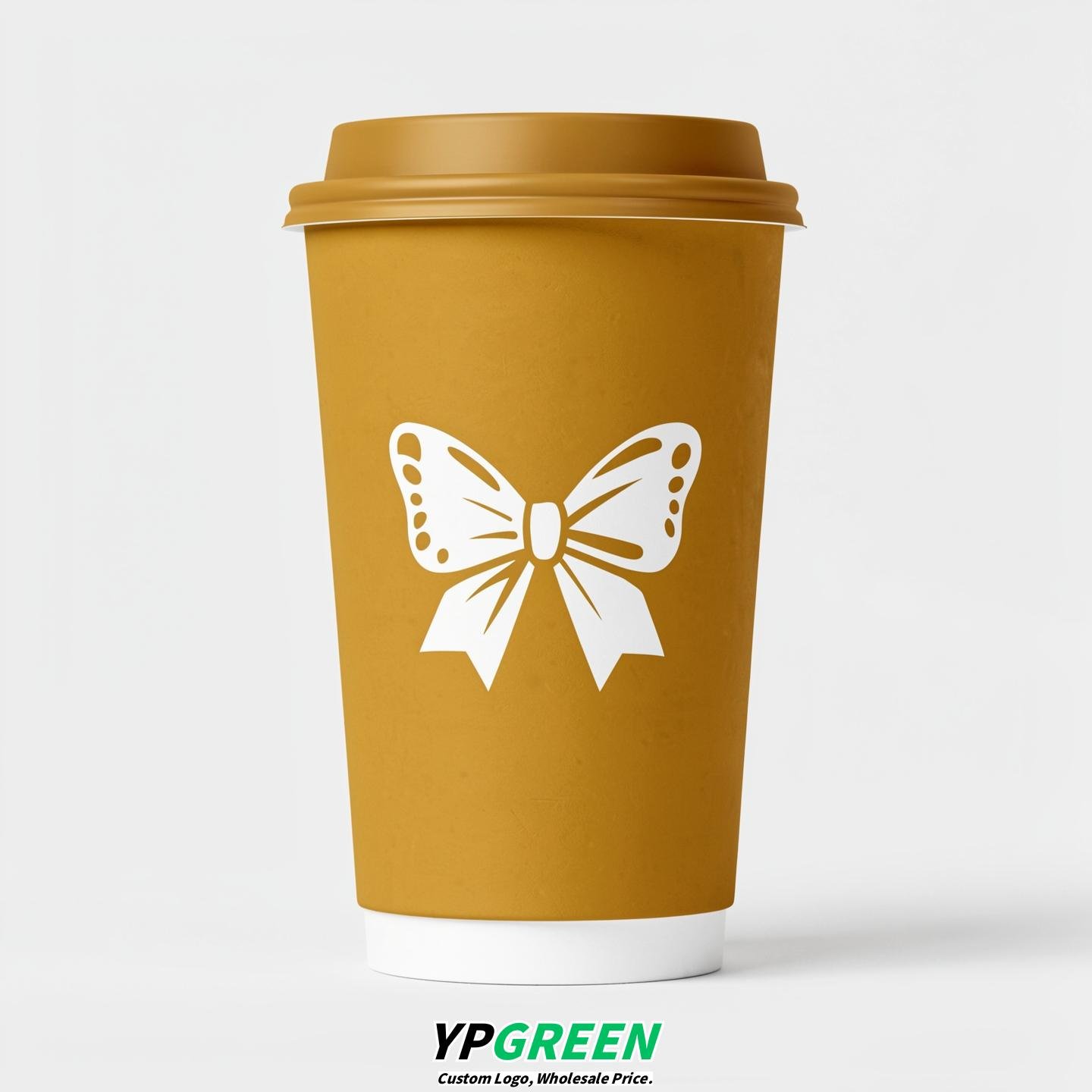 Mustard Paper Cups with Bow Logo & Lids 8-24oz
