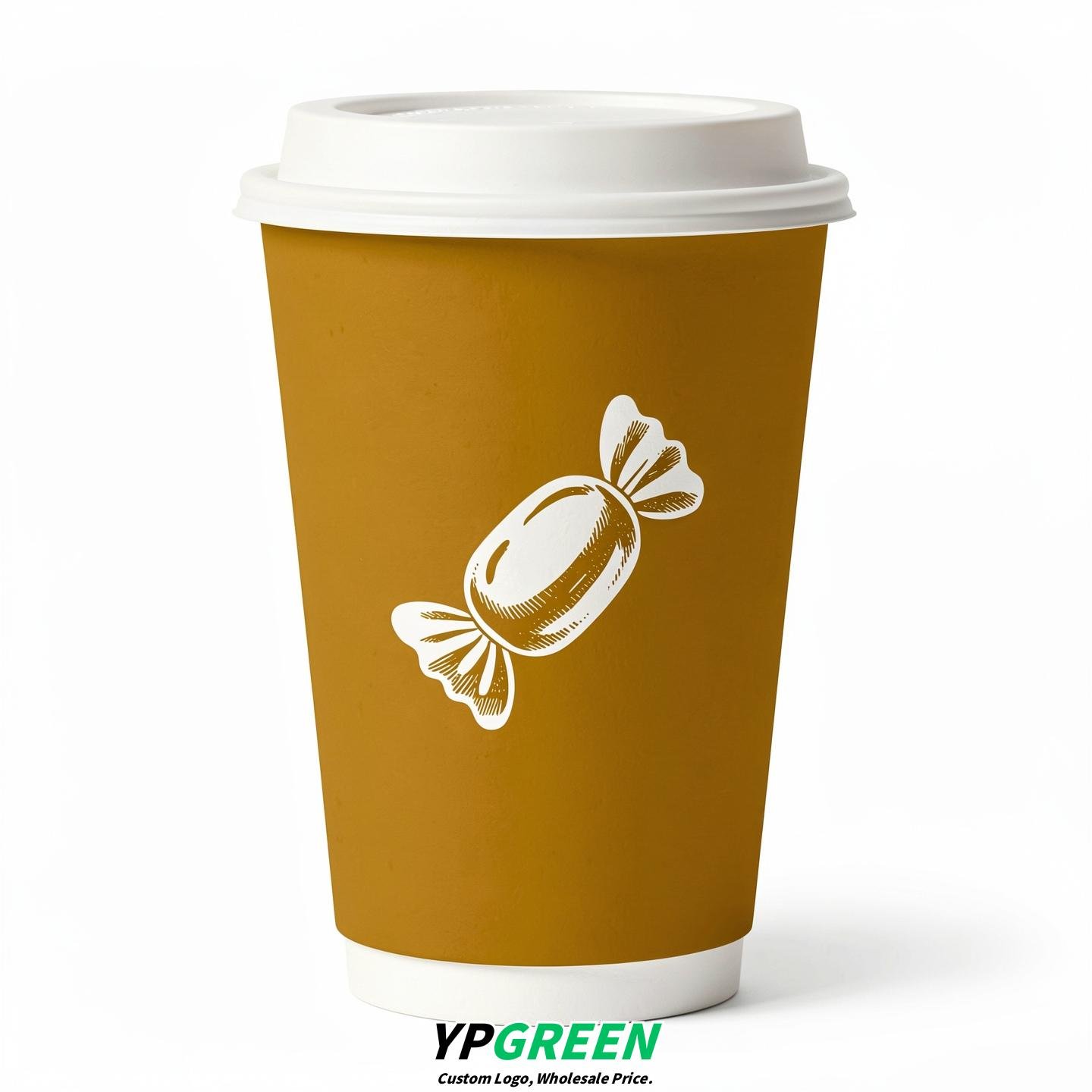 Mustard Paper Cups with Candy Logo & Lids 8-24oz