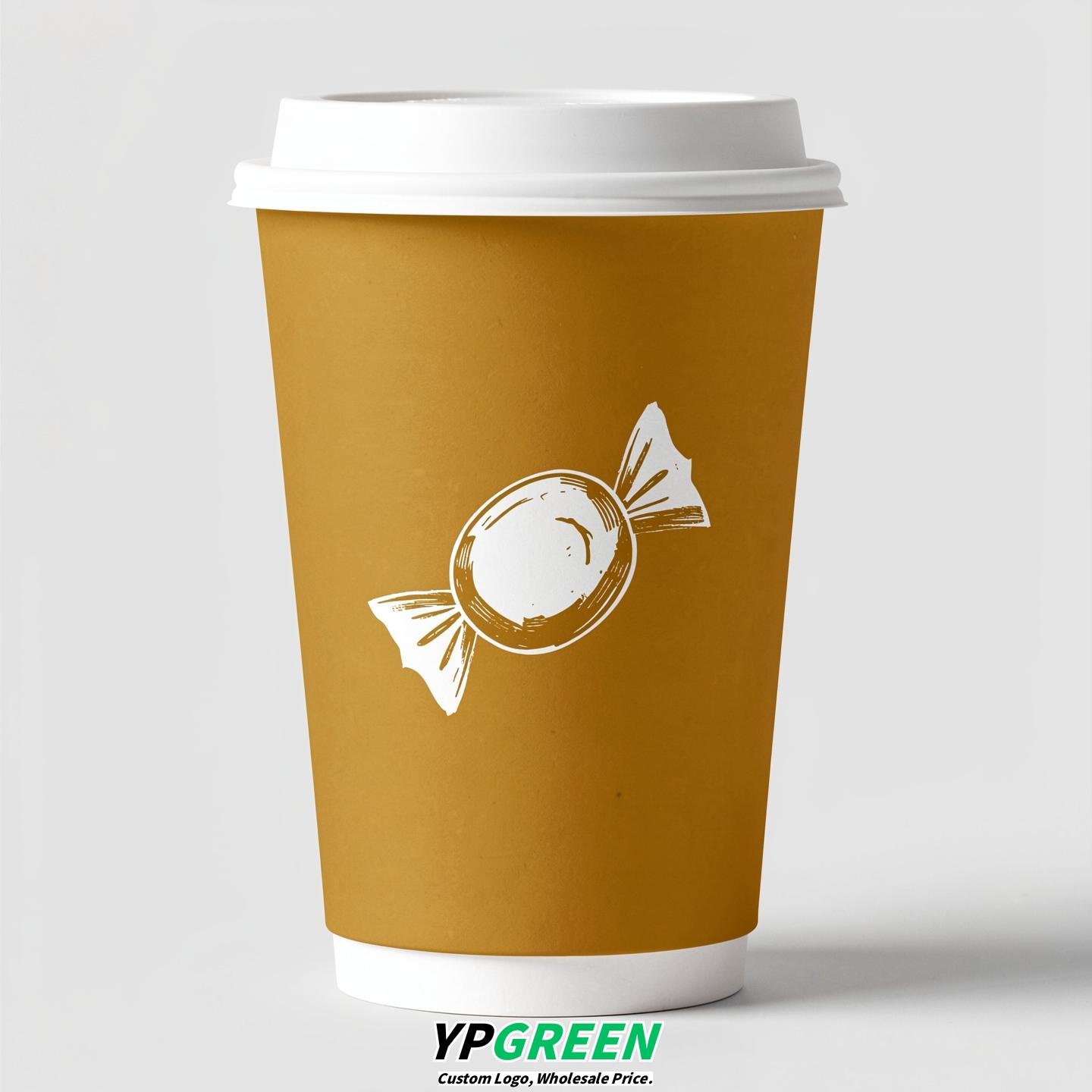 Mustard Paper Cups with Candy Logo & Lids 8-24oz
