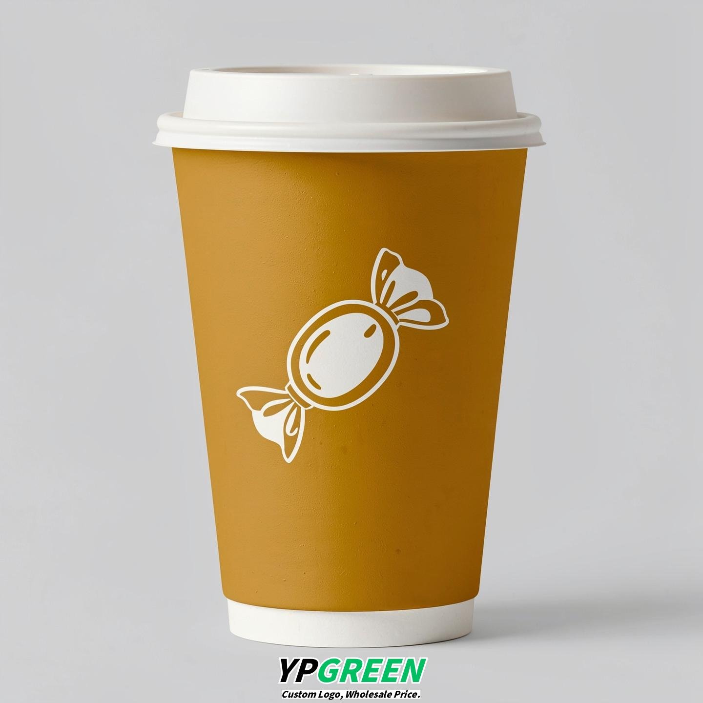 Mustard Paper Cups with Candy Logo & Lids 8-24oz