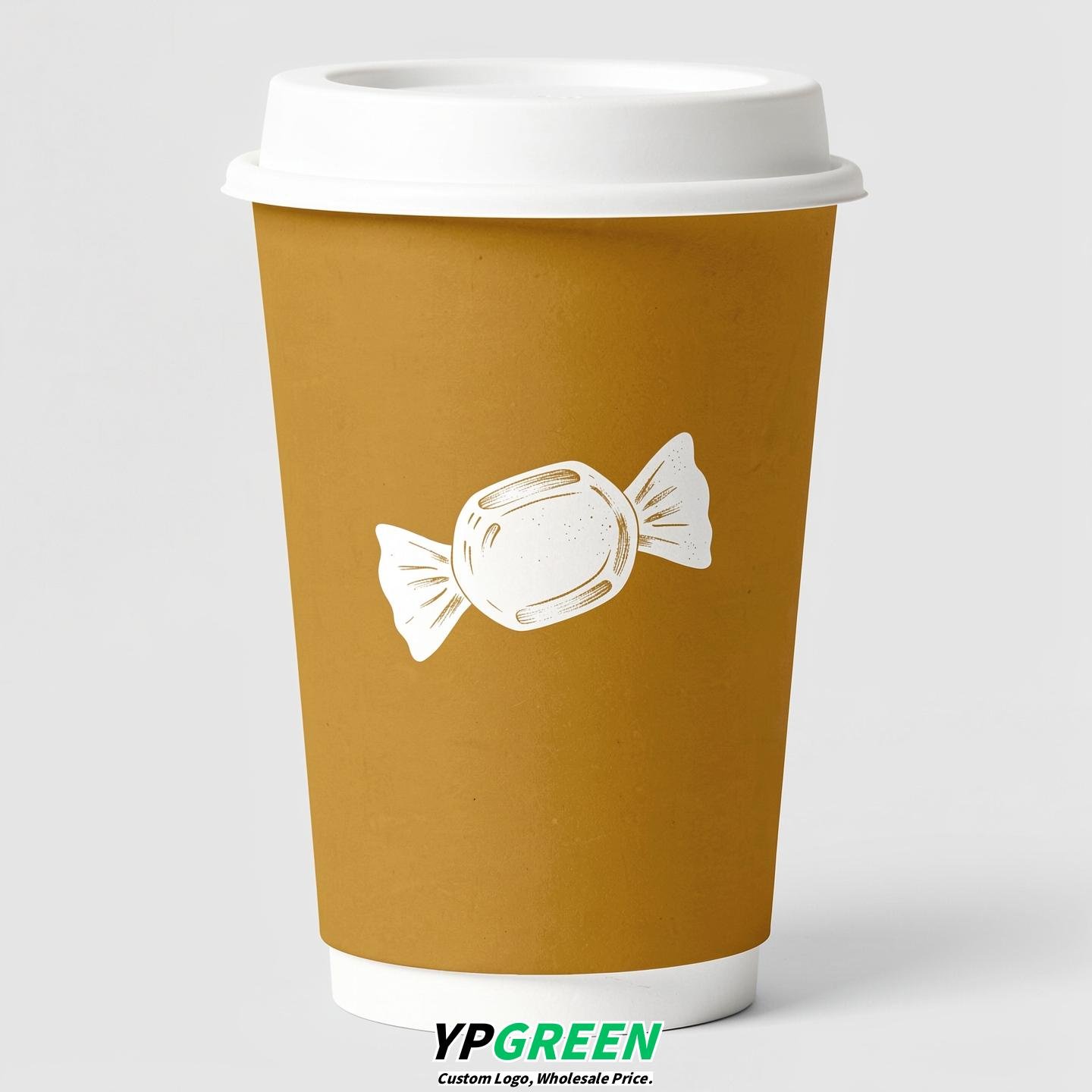 Mustard Paper Cups with Candy Logo & Lids 8-24oz