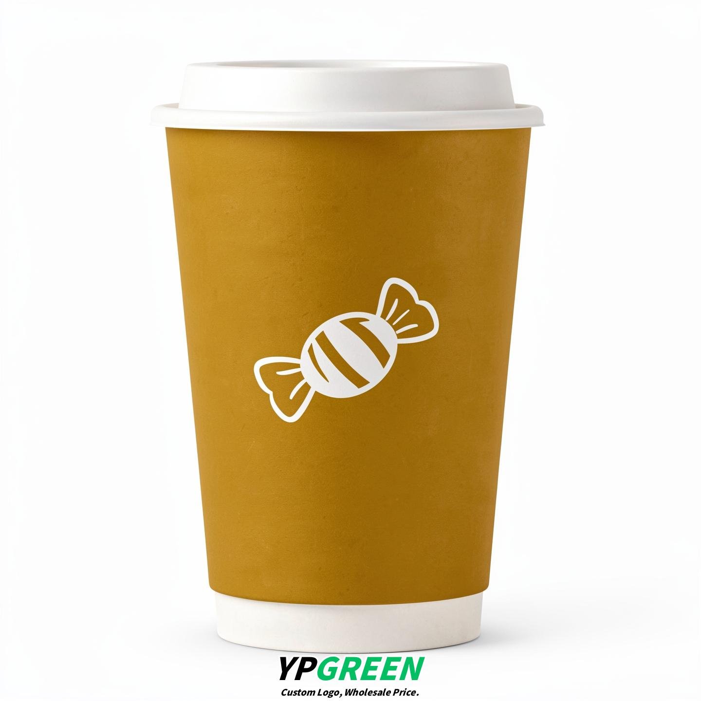 Mustard Paper Cups with Candy Logo & Lids 8-24oz