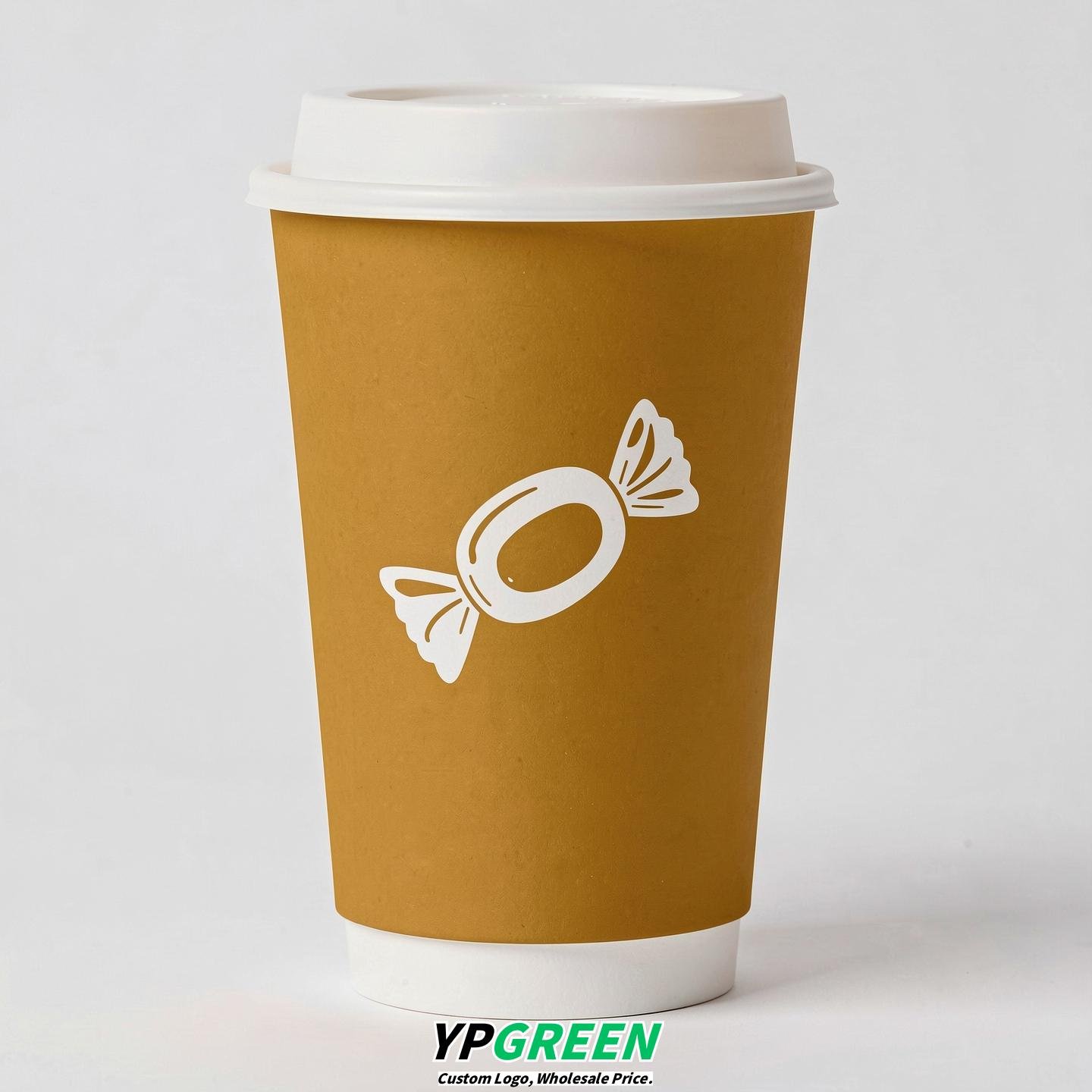Mustard Paper Cups with Candy Logo & Lids 8-24oz Mustard Paper Cups with Candy Logo & Lids 8-24oz