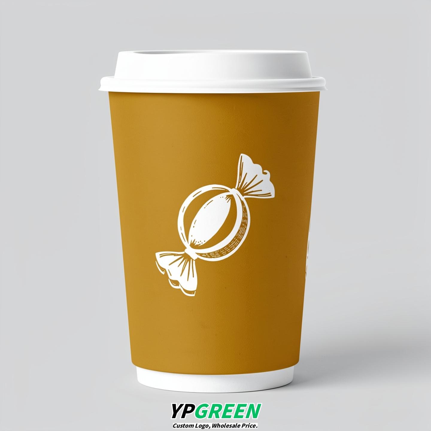 Mustard Paper Cups with Candy Logo & Lids 8-24oz