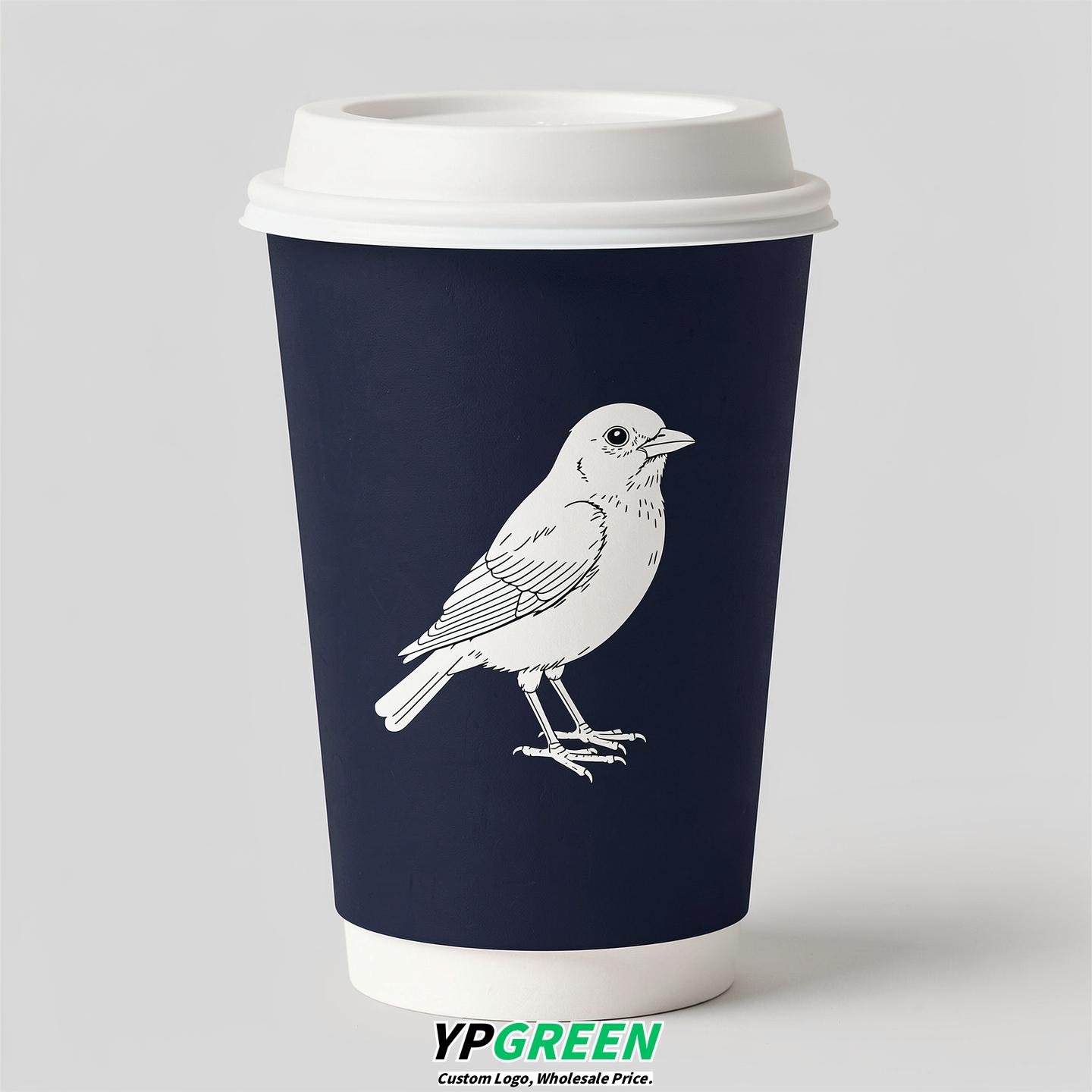 Navy Blue Paper Cups with Bird Logo & Lids 8-24oz