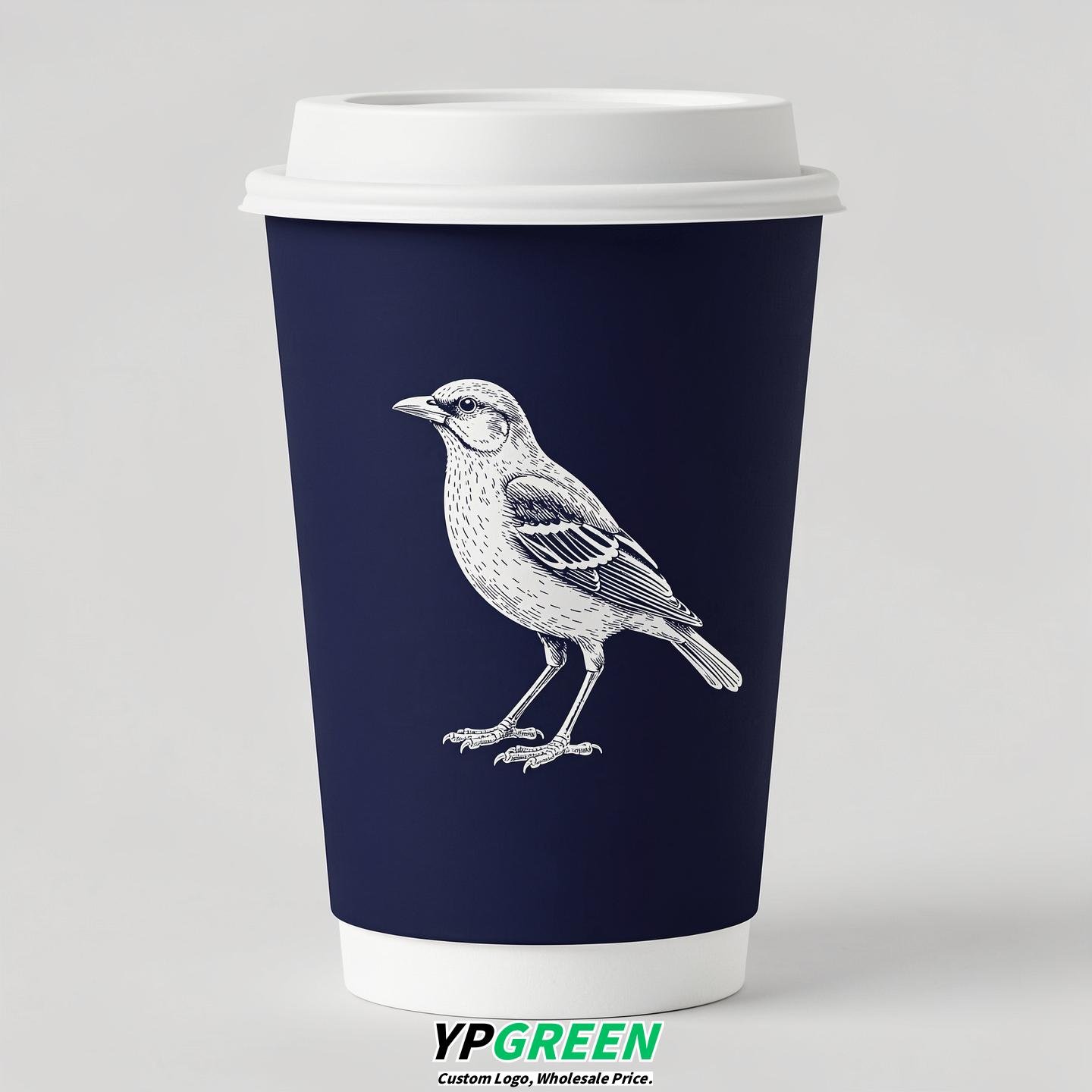 Navy Blue Paper Cups with Bird Logo & Lids 8-24oz