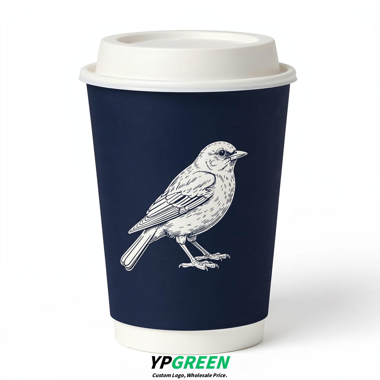 Navy Blue Paper Cups with Bird Logo & Lids 8-24oz