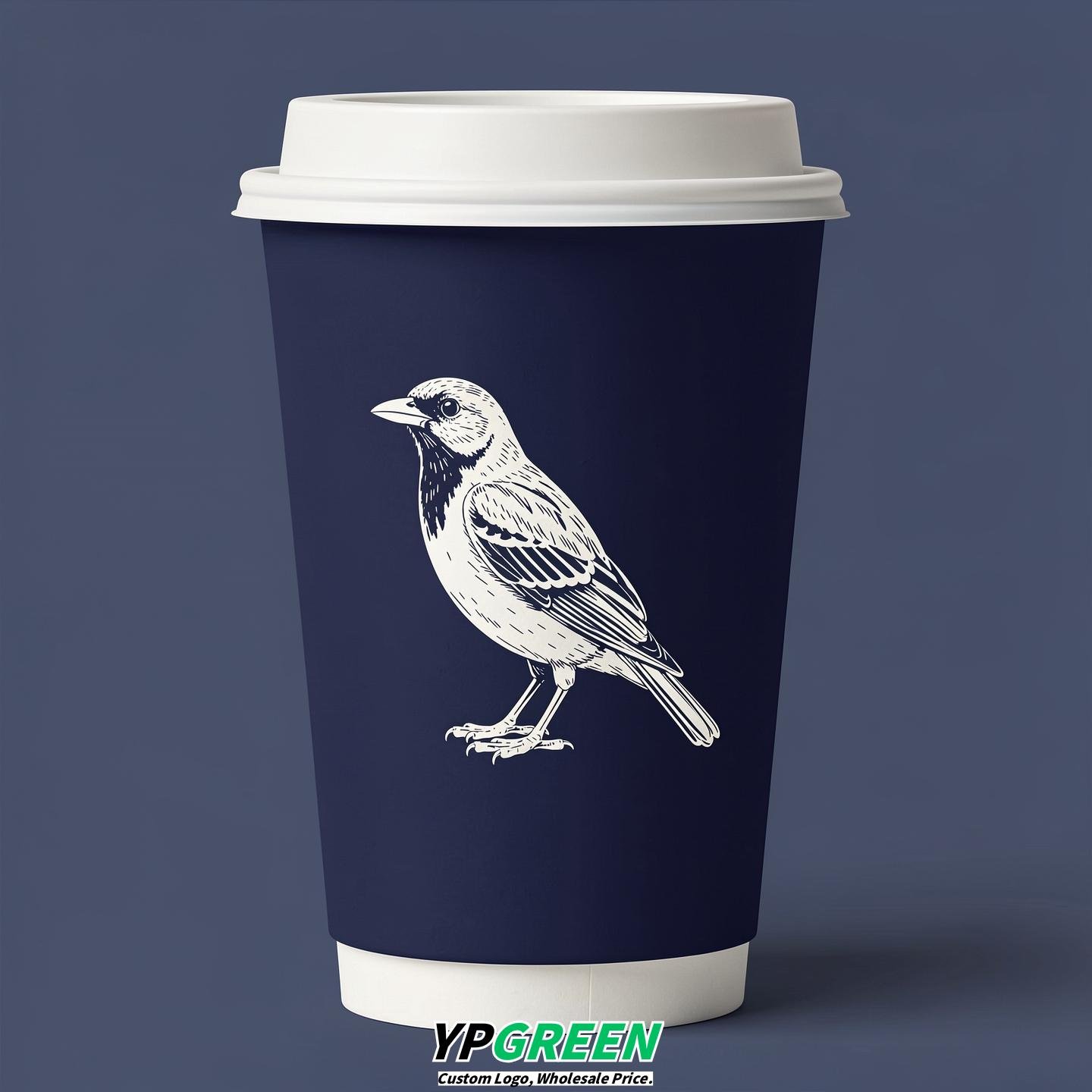 Navy Blue Paper Cups with Bird Logo & Lids 8-24oz