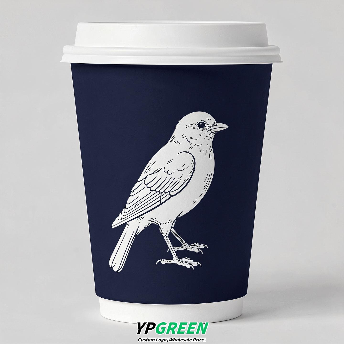 Navy Blue Paper Cups with Bird Logo & Lids 8-24oz