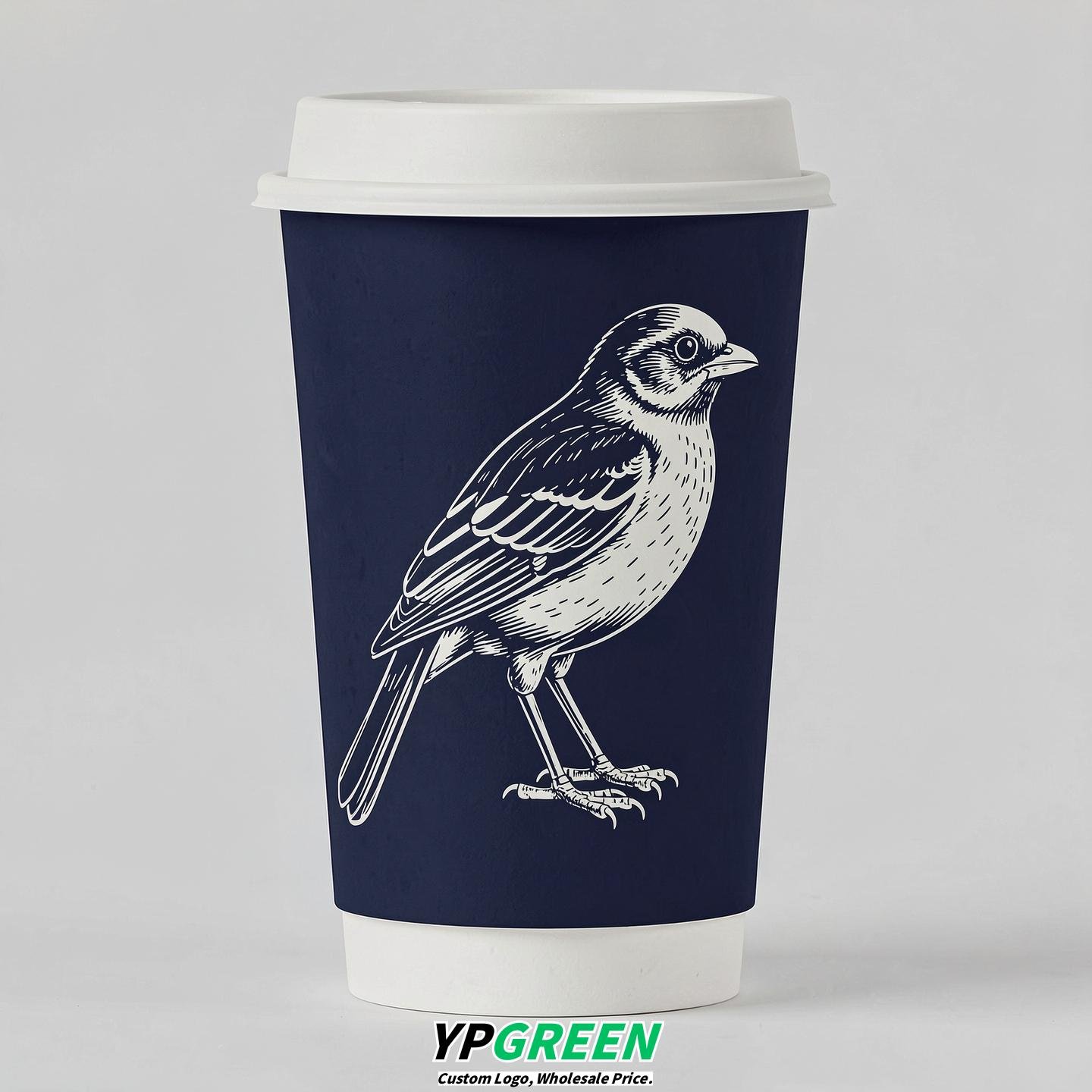 Navy Blue Paper Cups with Bird Logo & Lids 8-24oz