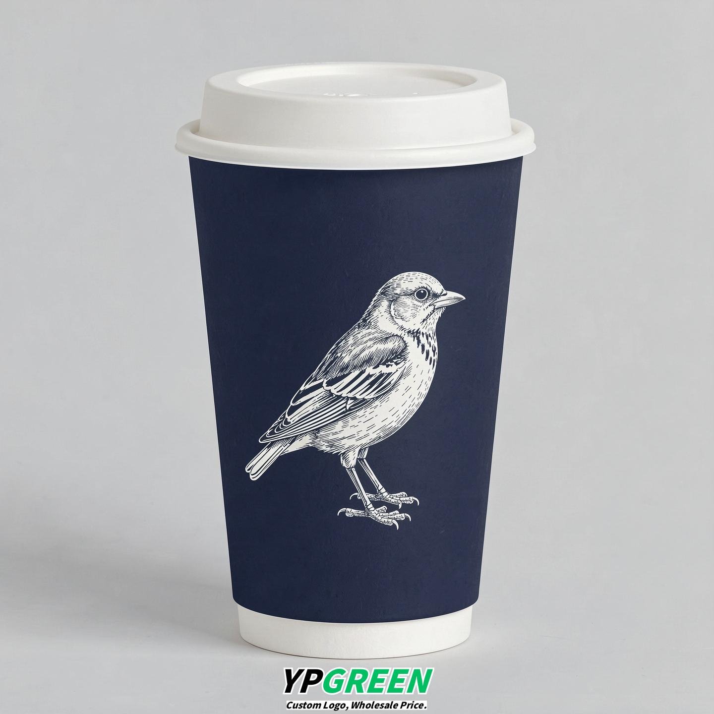 Navy Blue Paper Cups with Bird Logo & Lids 8-24oz