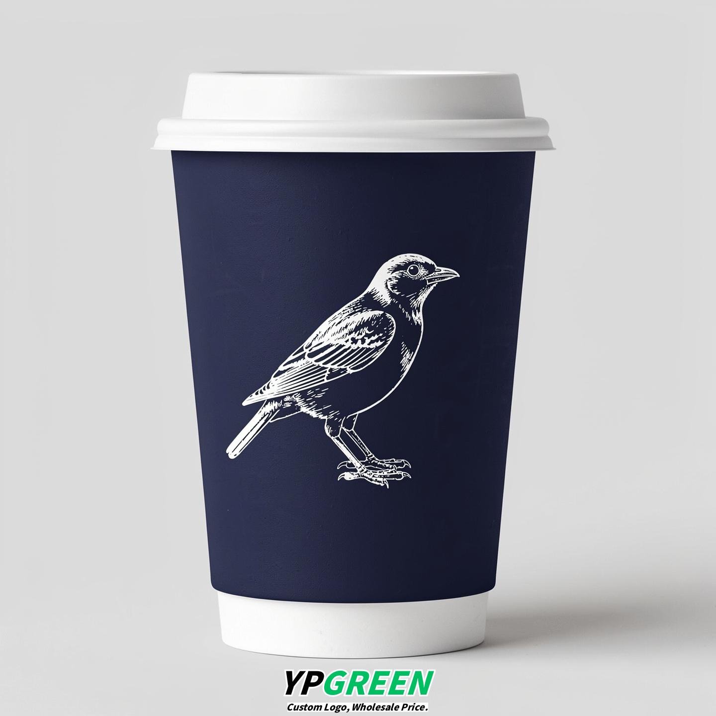 Navy Blue Paper Cups with Bird Logo & Lids 8-24oz