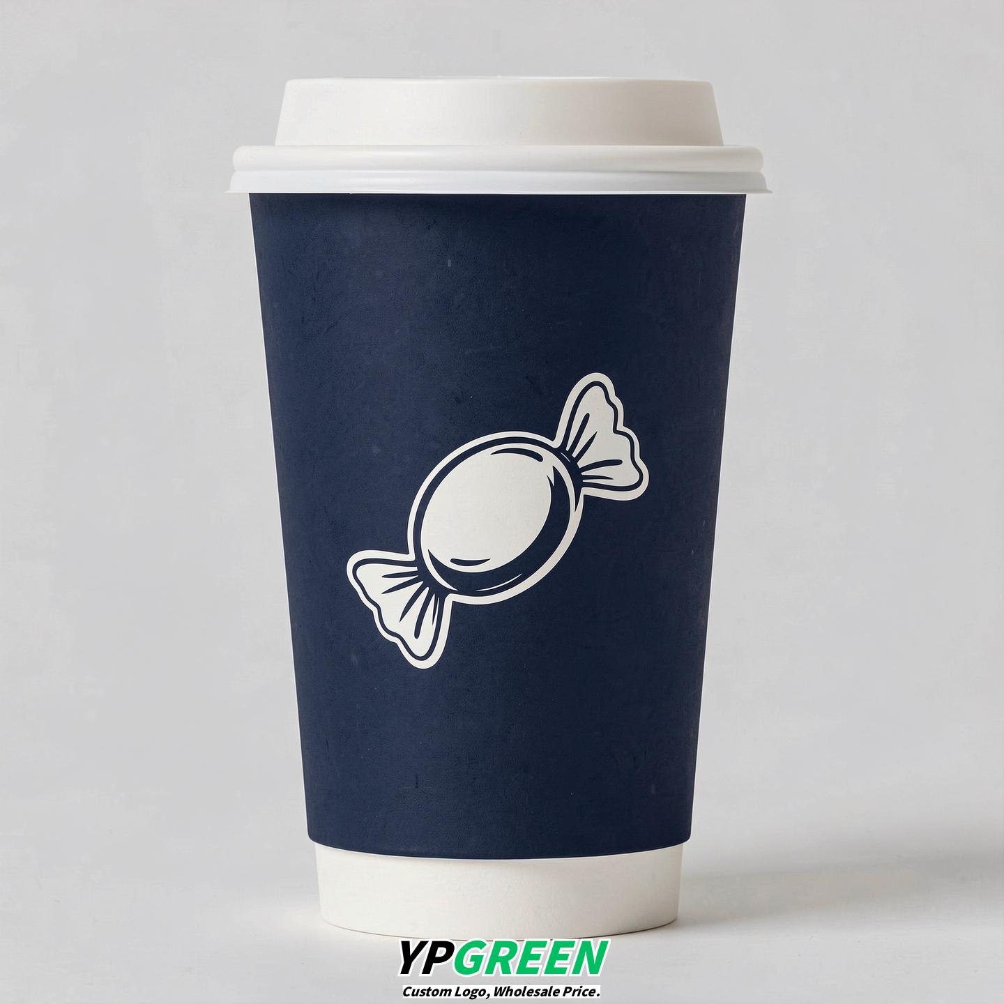 Navy Blue Paper Cups with Candy Logo & Lids 8-24oz