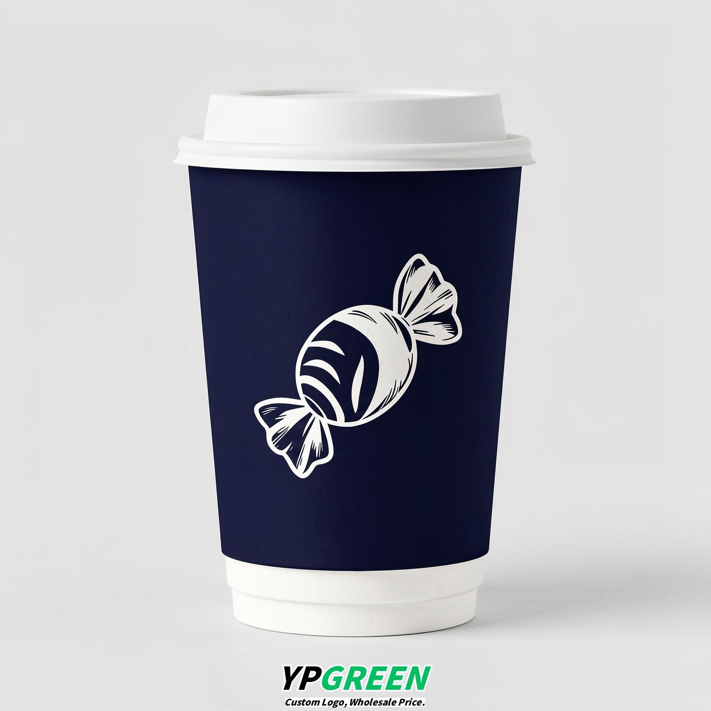 Navy Blue Paper Cups with Candy Logo & Lids 8-24oz