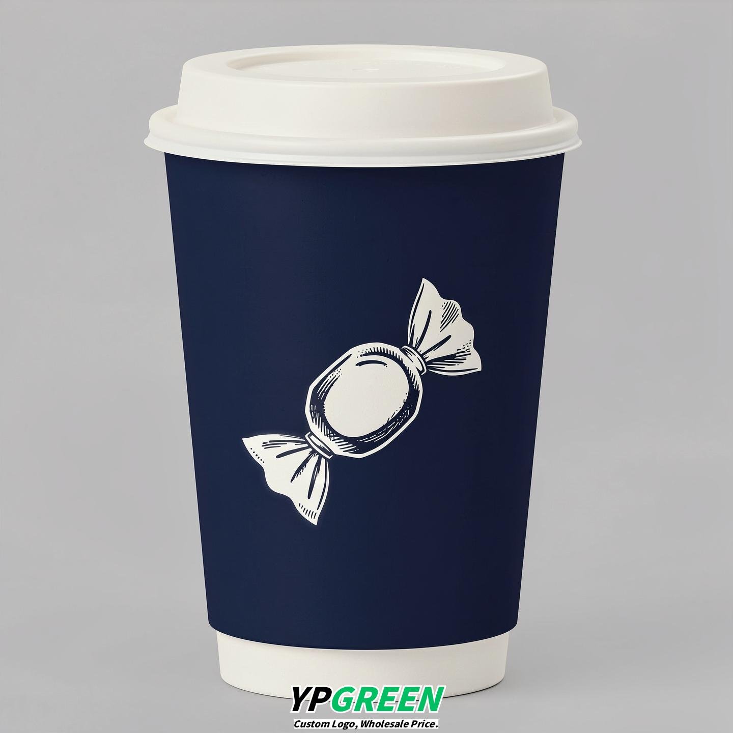 Navy Blue Paper Cups with Candy Logo & Lids 8-24oz