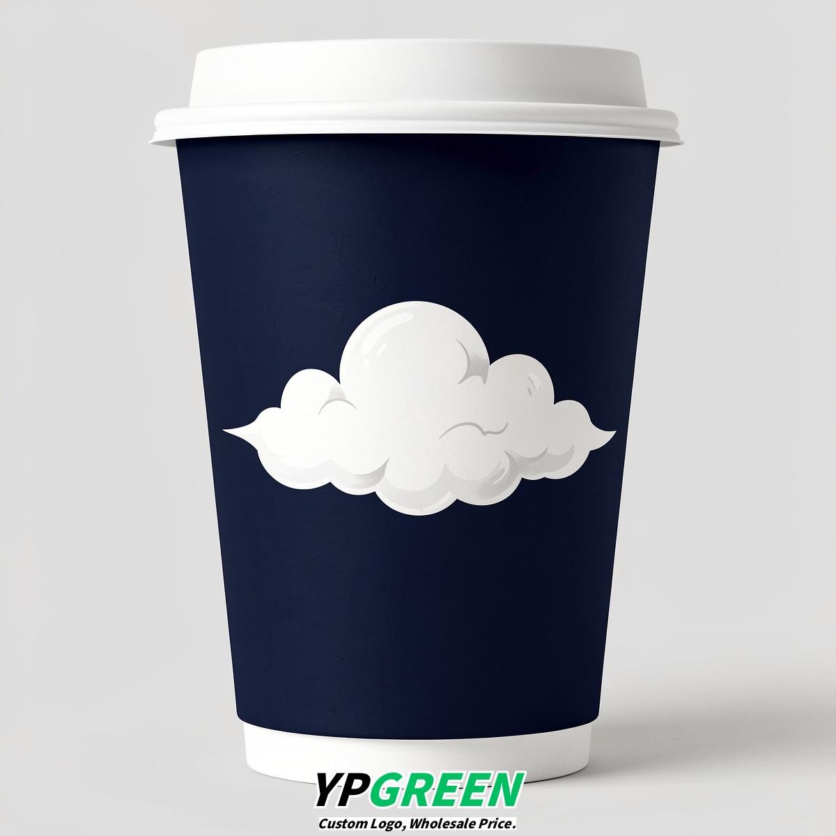 Navy Blue Paper Cups with Clouds Logo & Lids 8-24oz