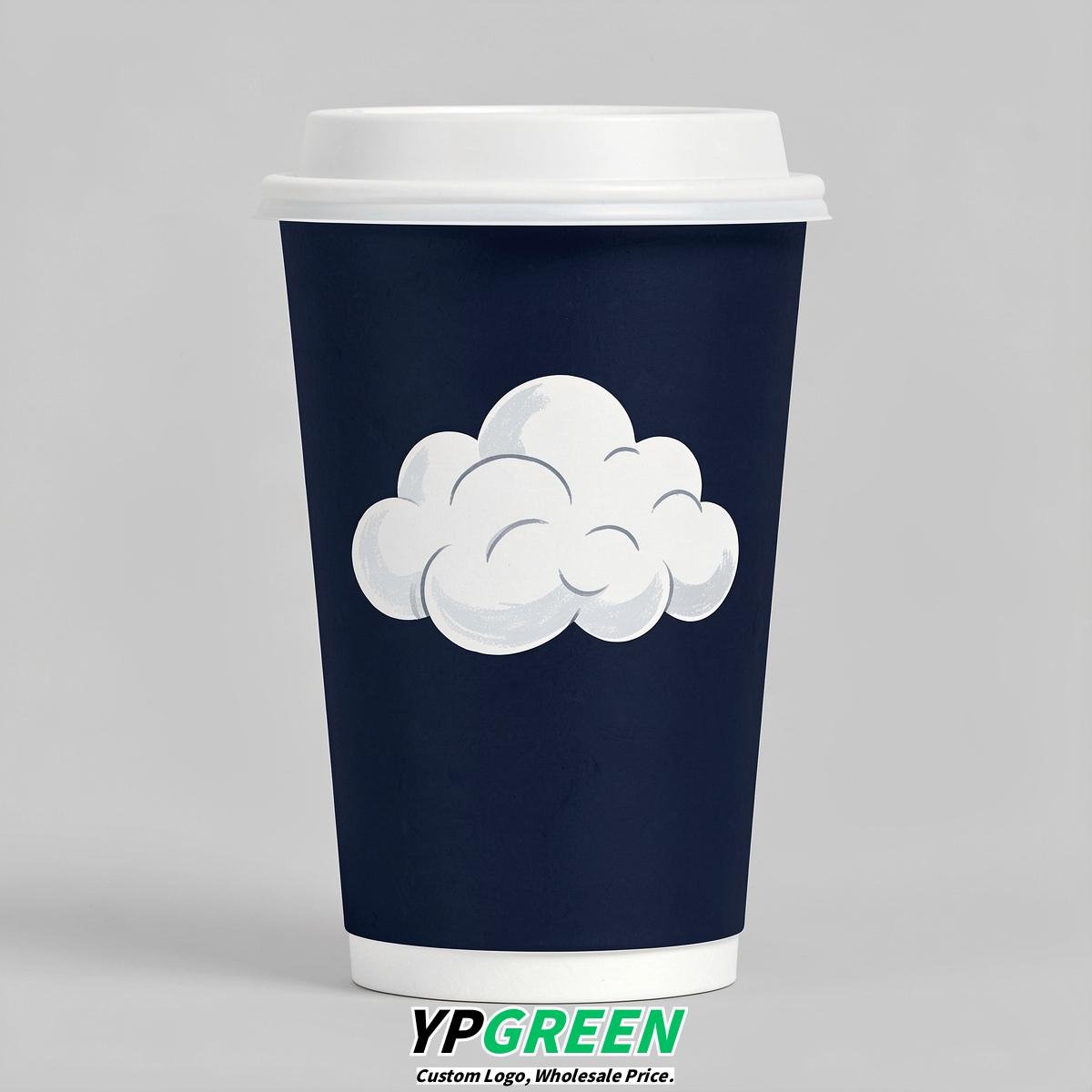 Navy Blue Paper Cups with Clouds Logo & Lids 8-24oz