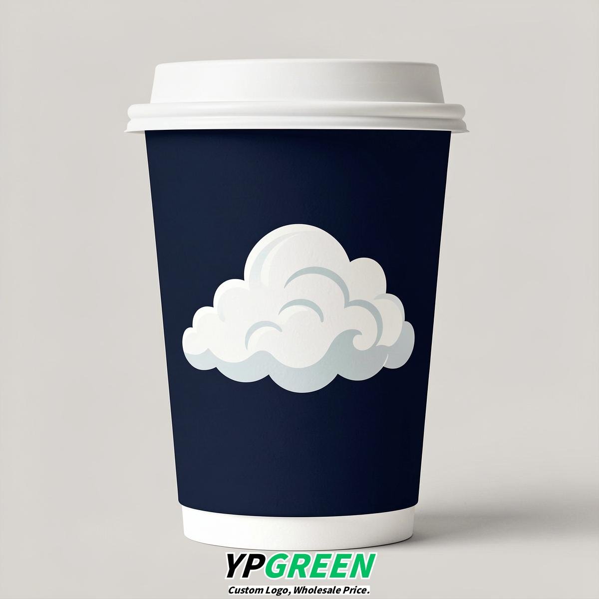 Navy Blue Paper Cups with Clouds Logo & Lids 8-24oz