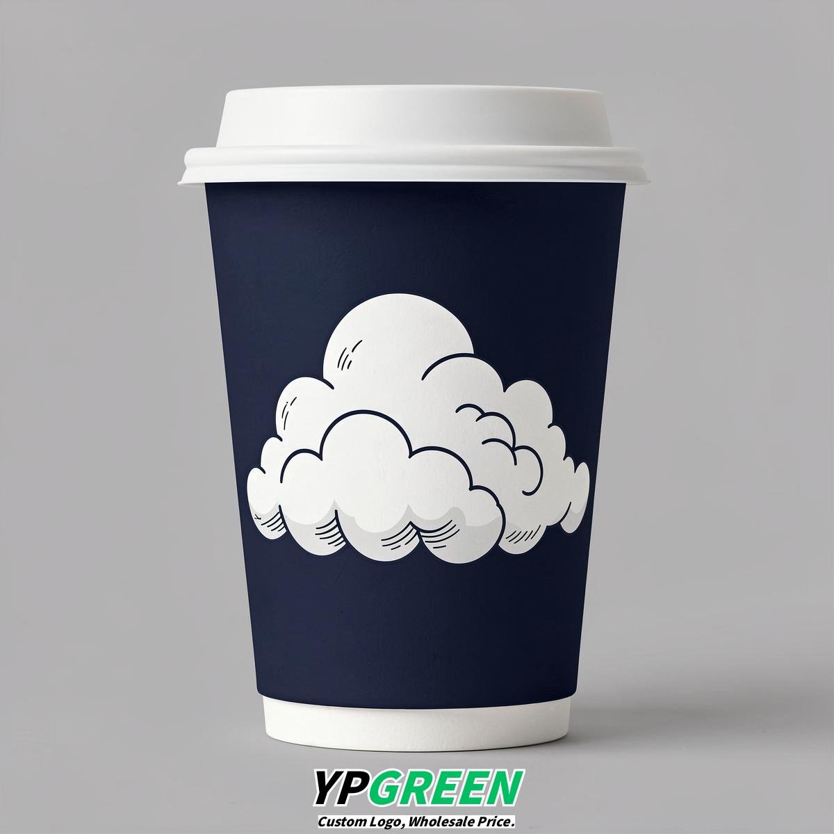 Navy Blue Paper Cups with Clouds Logo & Lids 8-24oz