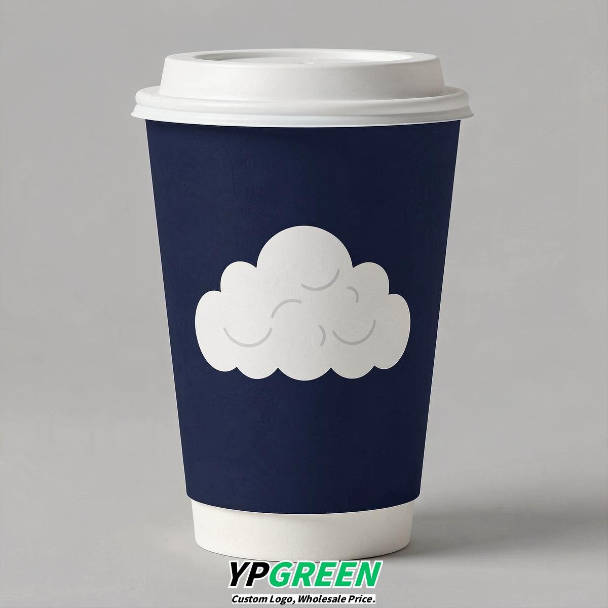 Navy Blue Paper Cups with Clouds Logo & Lids 8-24oz