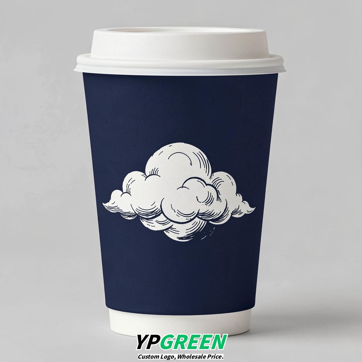 Navy Blue Paper Cups with Clouds Logo & Lids 8-24oz